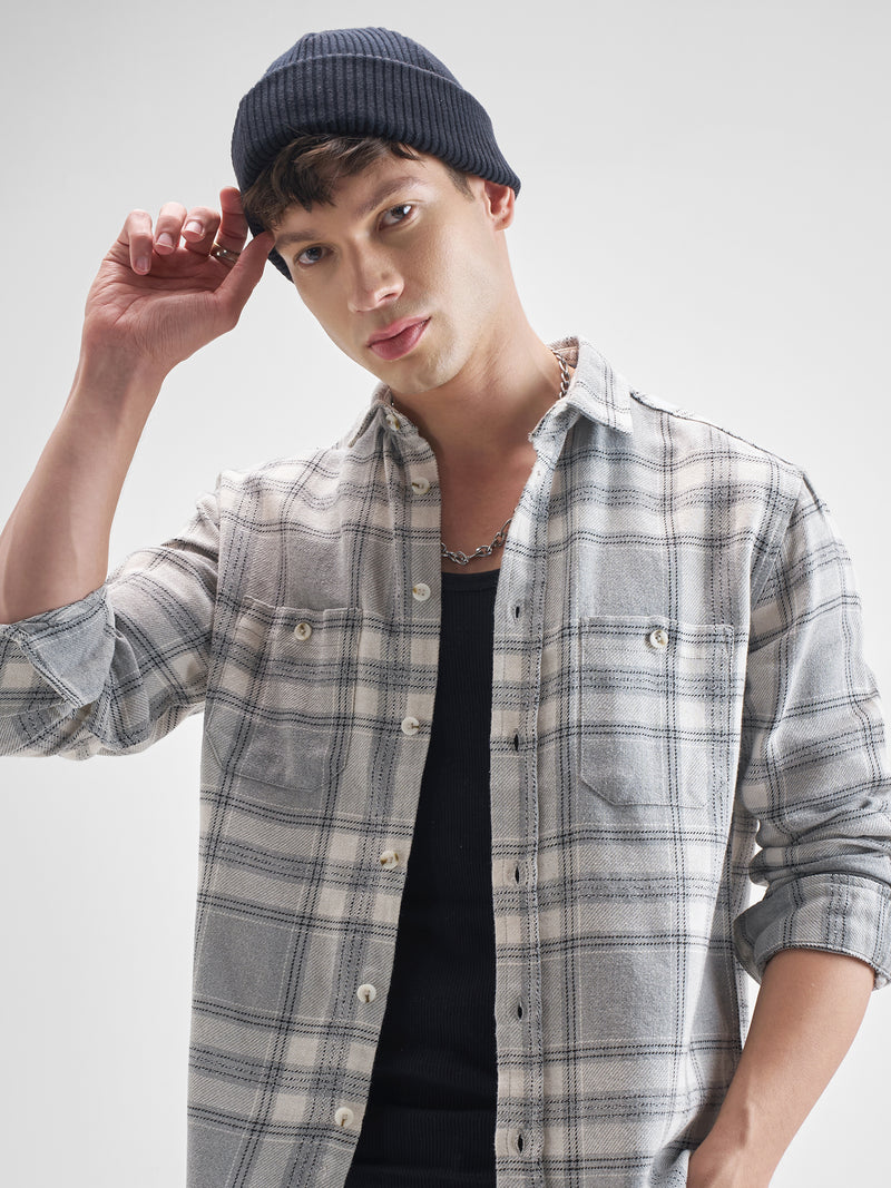 Highlander Men Grey Checked Oversized Fit Casual Shirt - Grey - Image 1
