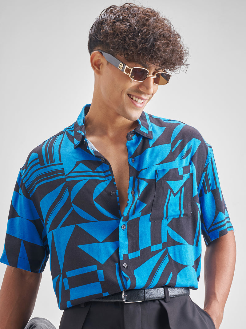 Highlander Men Blue Blue Printed Oversized Fit Casual Shirt - Blue - Image 1