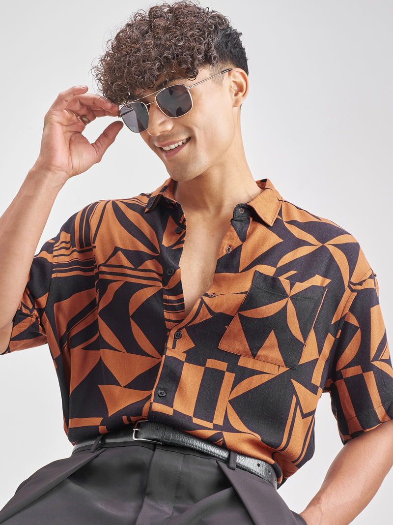 Highlander Men Rust Printed Oversized Fit Casual Shirt - Rust - Image 1