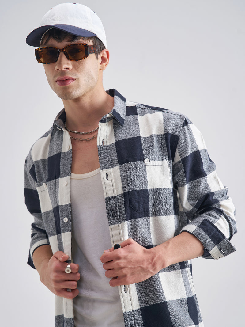 Highlander Men Off White Checked Relaxed Fit Casual Shirt - Off White - Image 1