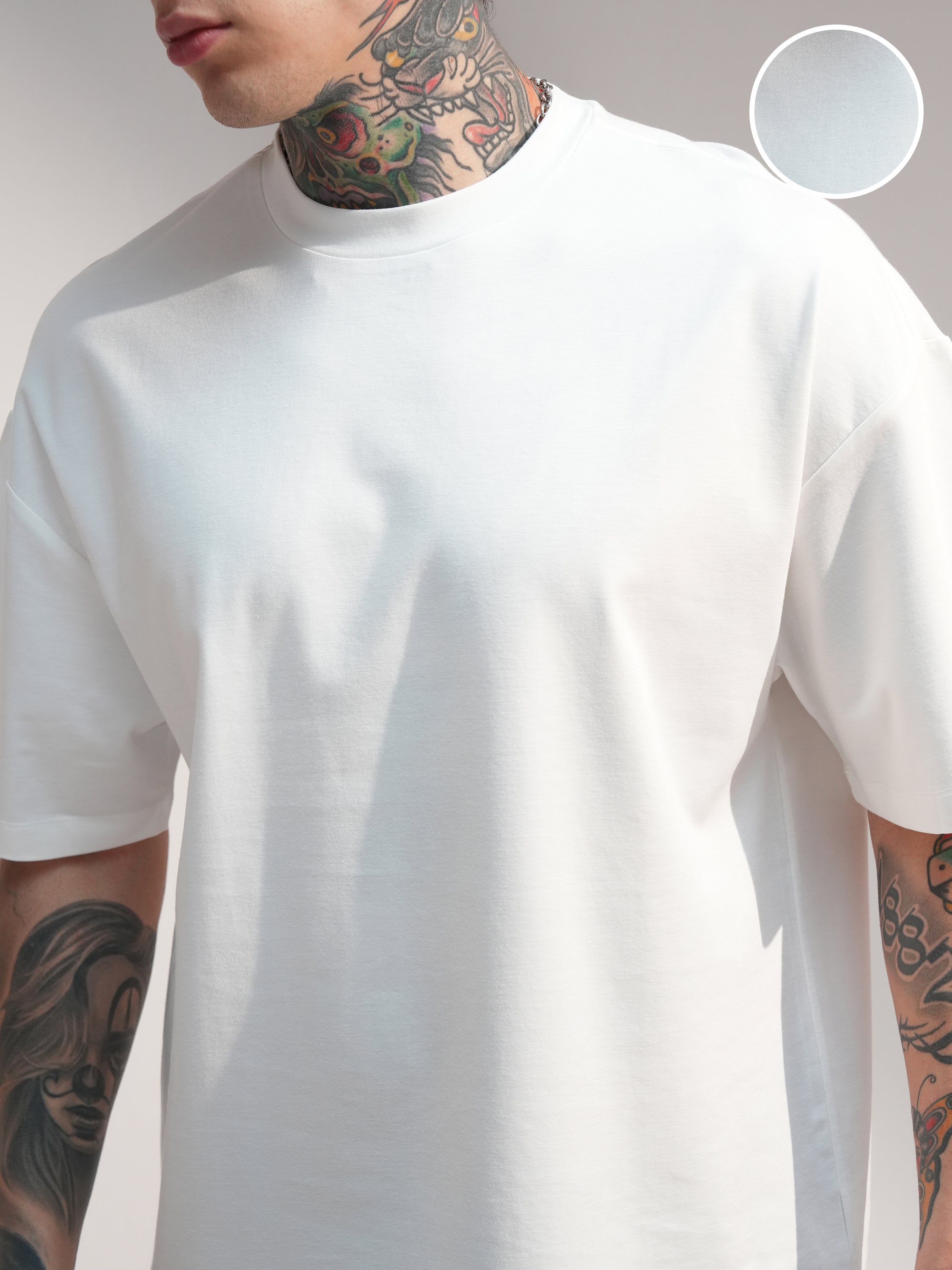 Highlander Men White Solid Round Neck Oversized Fit T-Shirt - White - Image 5
