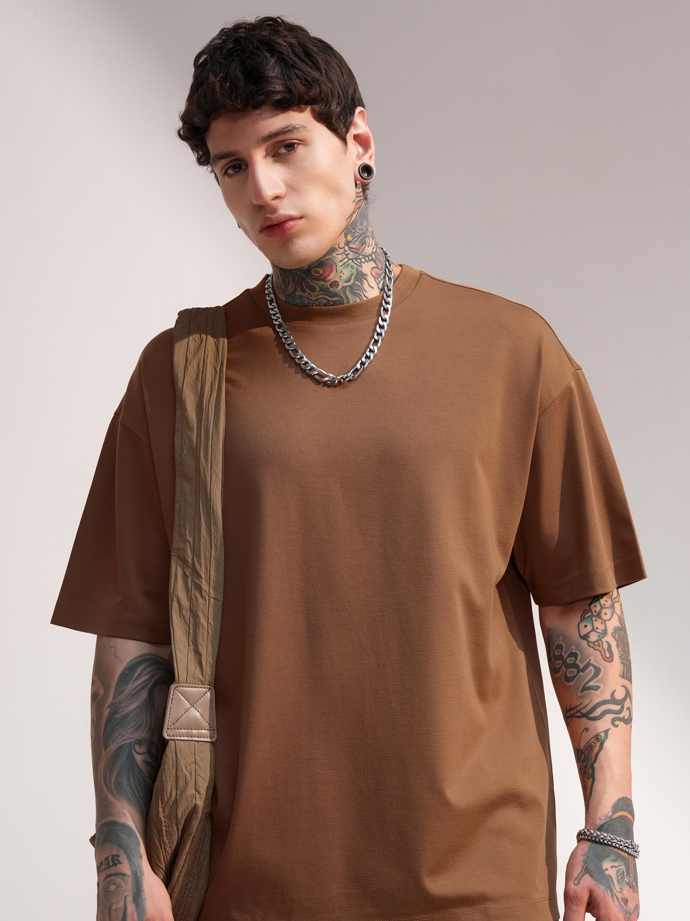 Highlander Men Brown Solid Round Neck Oversized Fit T-Shirt - Brown - Image 1