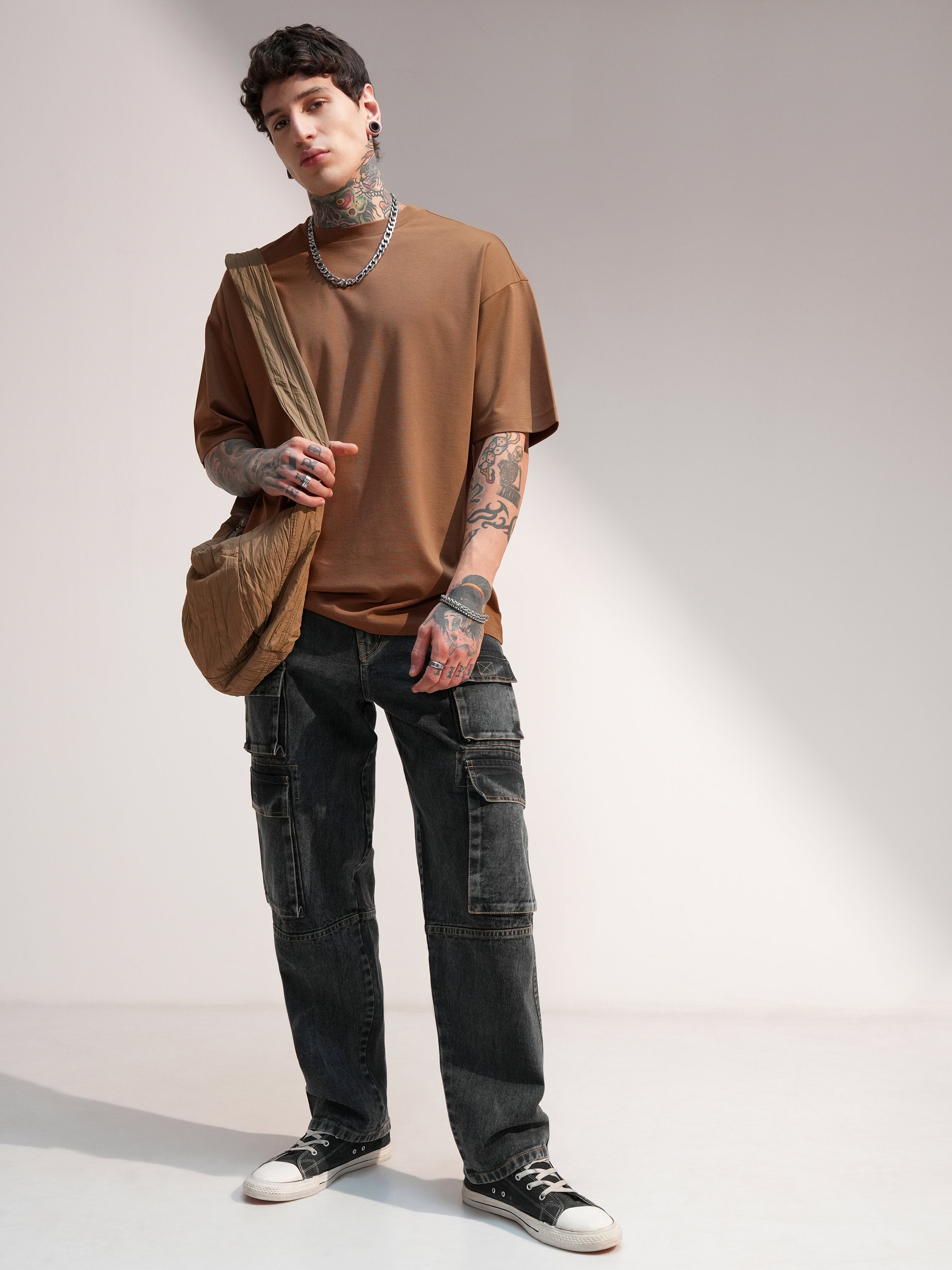 Highlander Men Brown Solid Round Neck Oversized Fit T-Shirt - Brown - Image 2