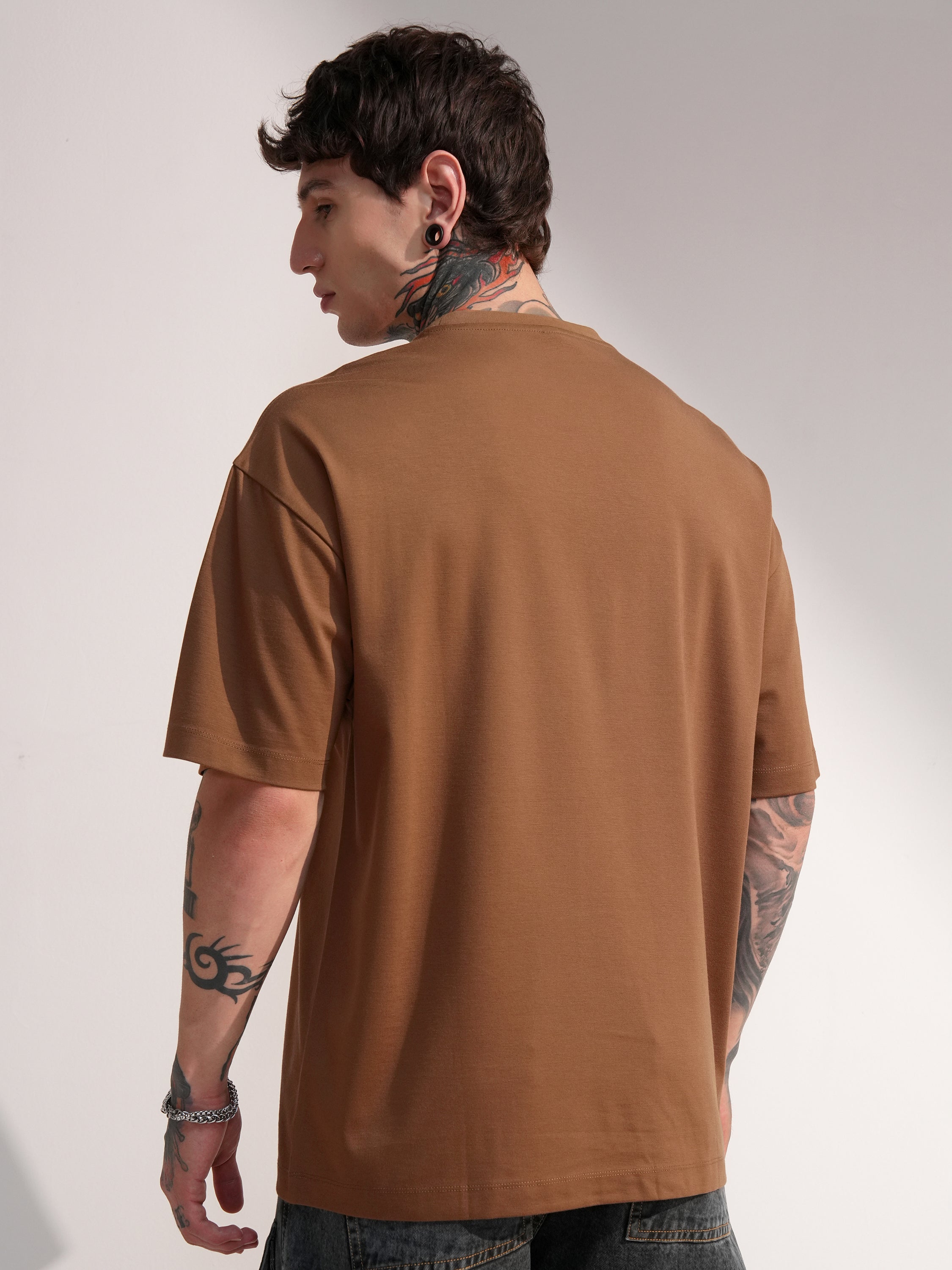 Highlander Men Brown Solid Round Neck Oversized Fit T-Shirt - Brown - Image 3