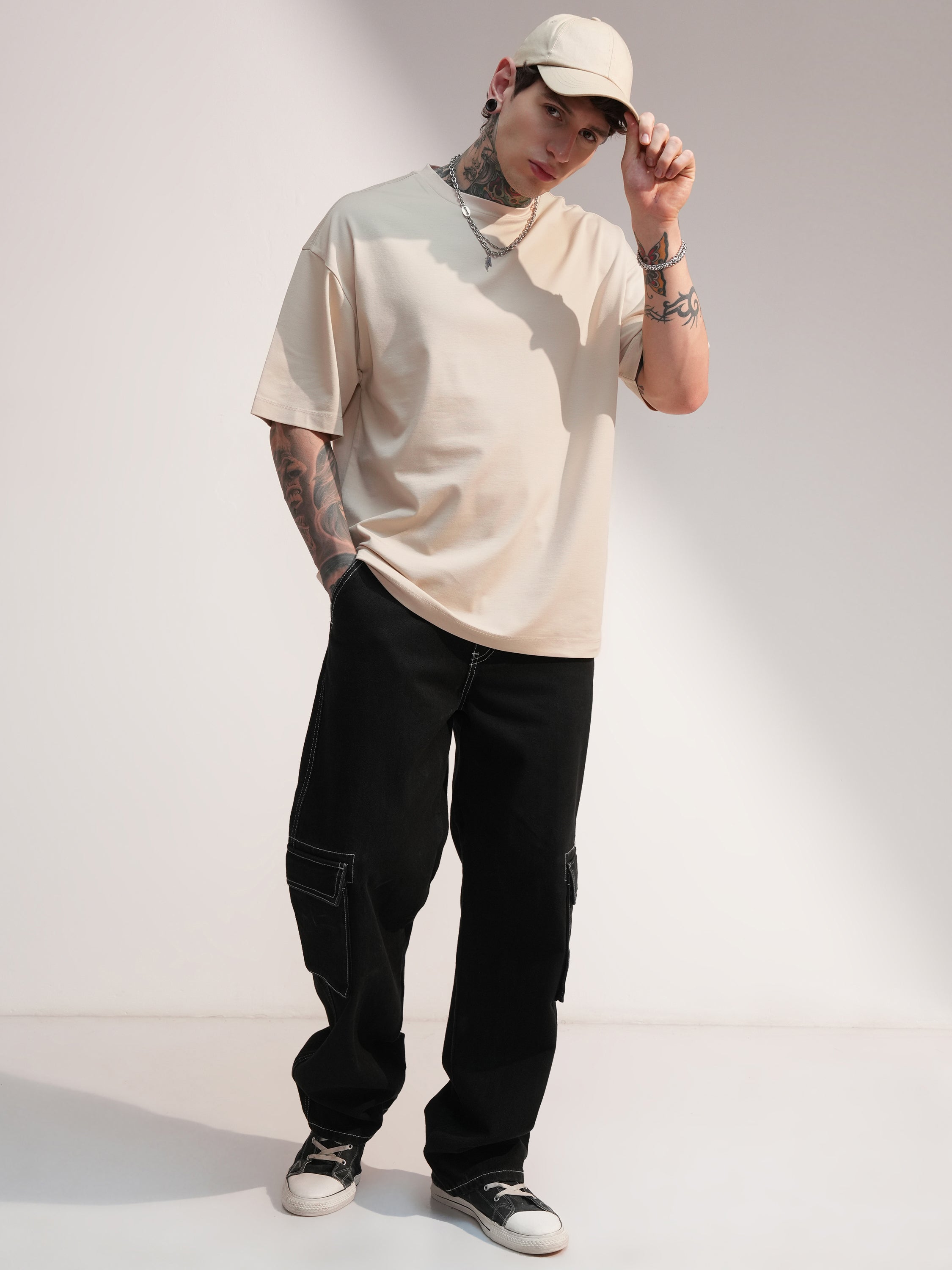 Highlander Men Beige Solid Round Neck Oversized Fit T-Shirt - Beige - Image 2