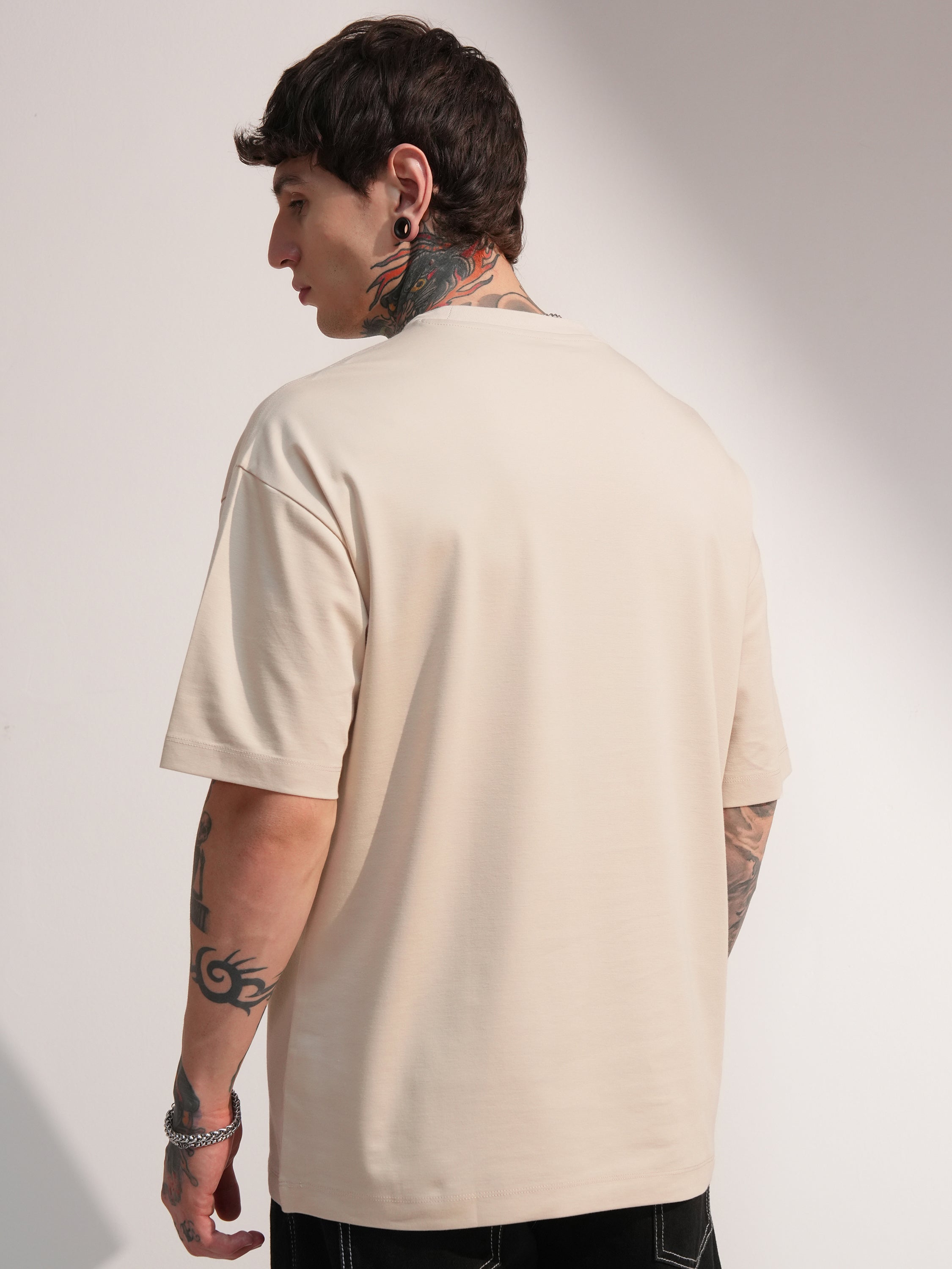 Highlander Men Beige Solid Round Neck Oversized Fit T-Shirt - Beige - Image 3