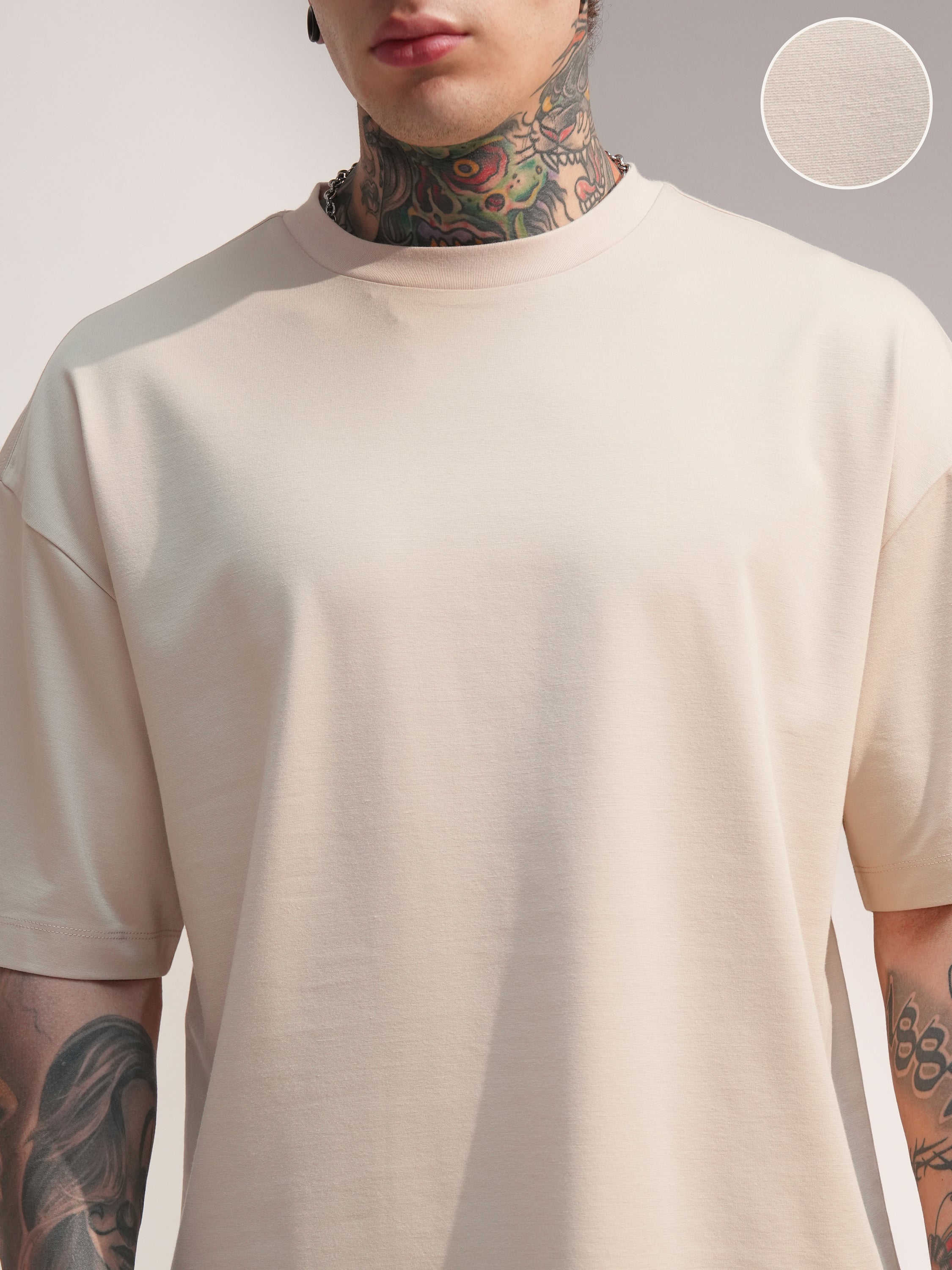 Highlander Men Beige Solid Round Neck Oversized Fit T-Shirt - Beige - Image 5