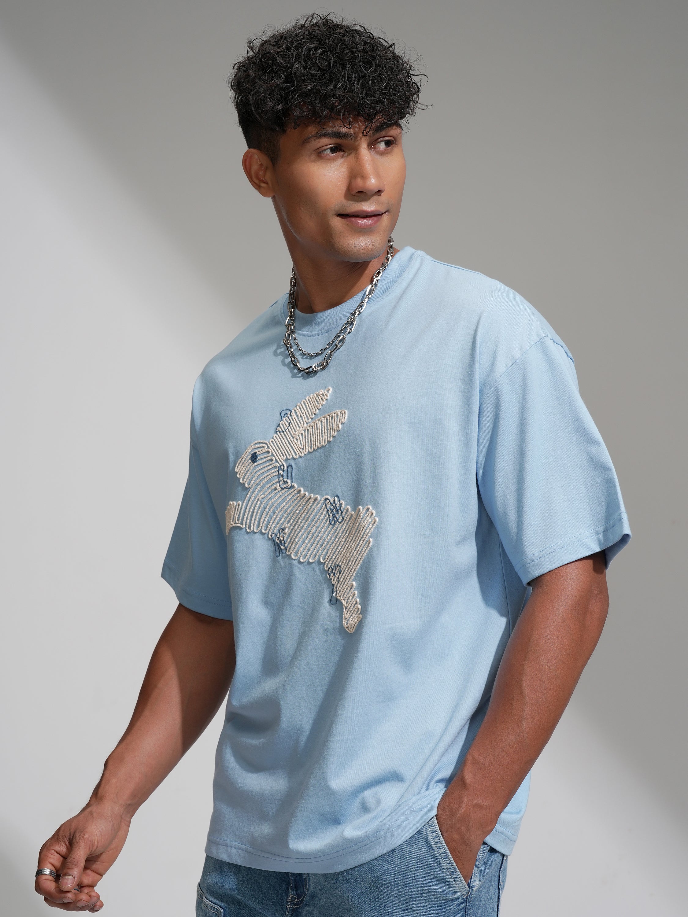 Highlander Men Blue Embroidered Round Neck Oversized Fit T-Shirt - Blue - Image 4