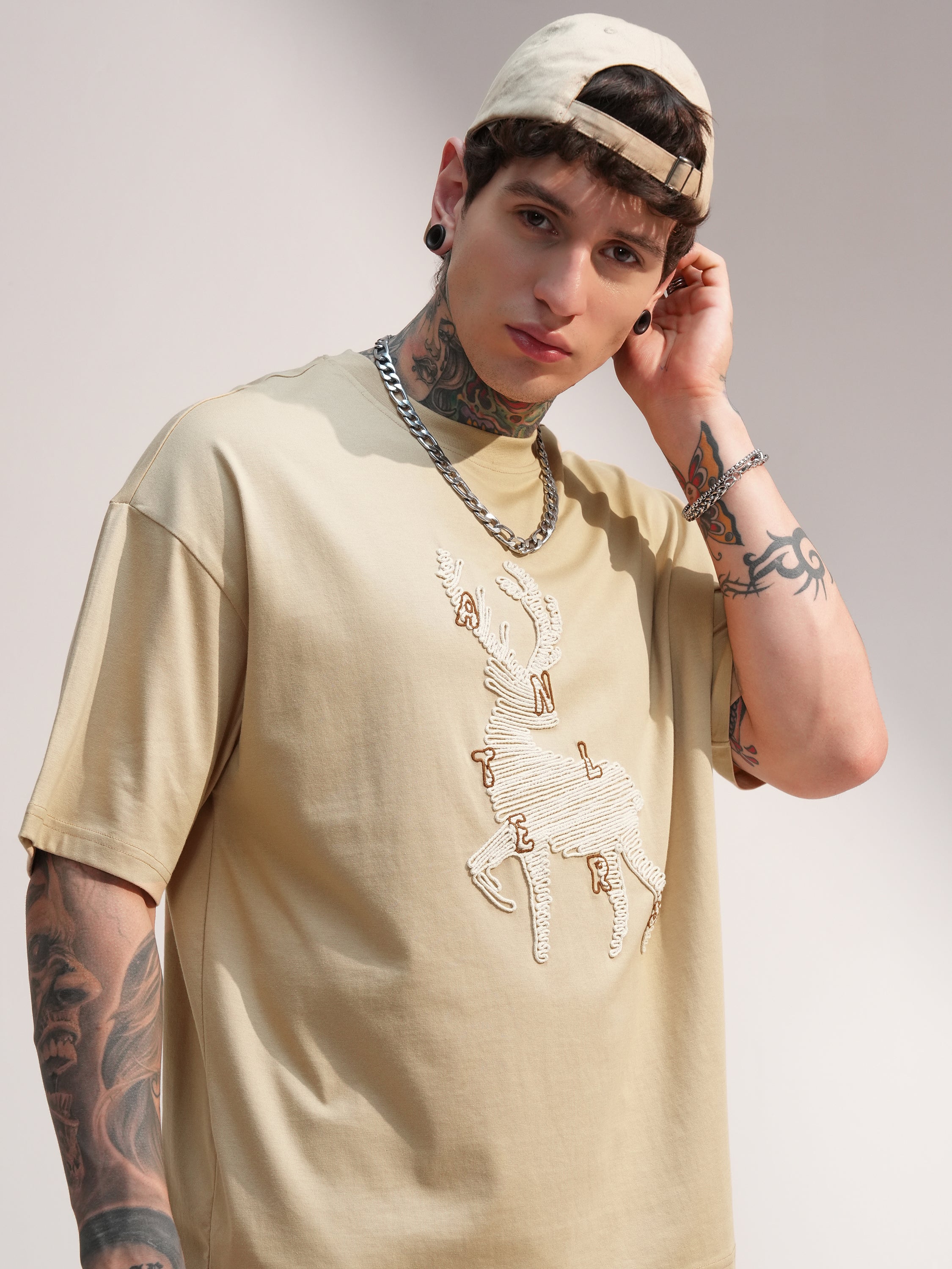 Highlander Men Beige Embroidered Round Neck Oversized Fit T-Shirt - Beige - Image 1