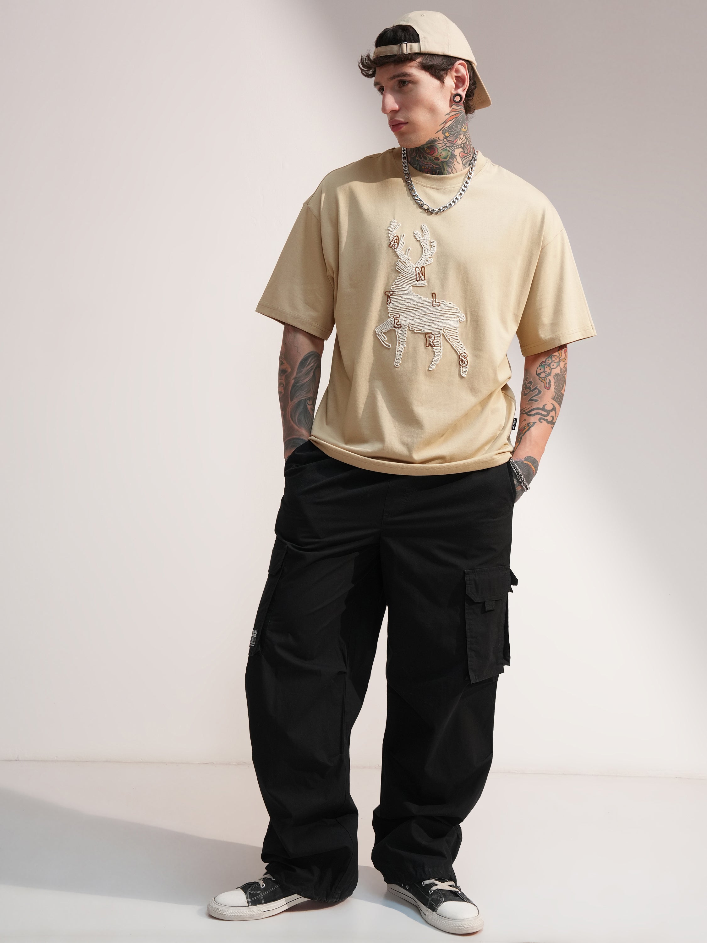 Highlander Men Beige Embroidered Round Neck Oversized Fit T-Shirt - Beige - Image 2