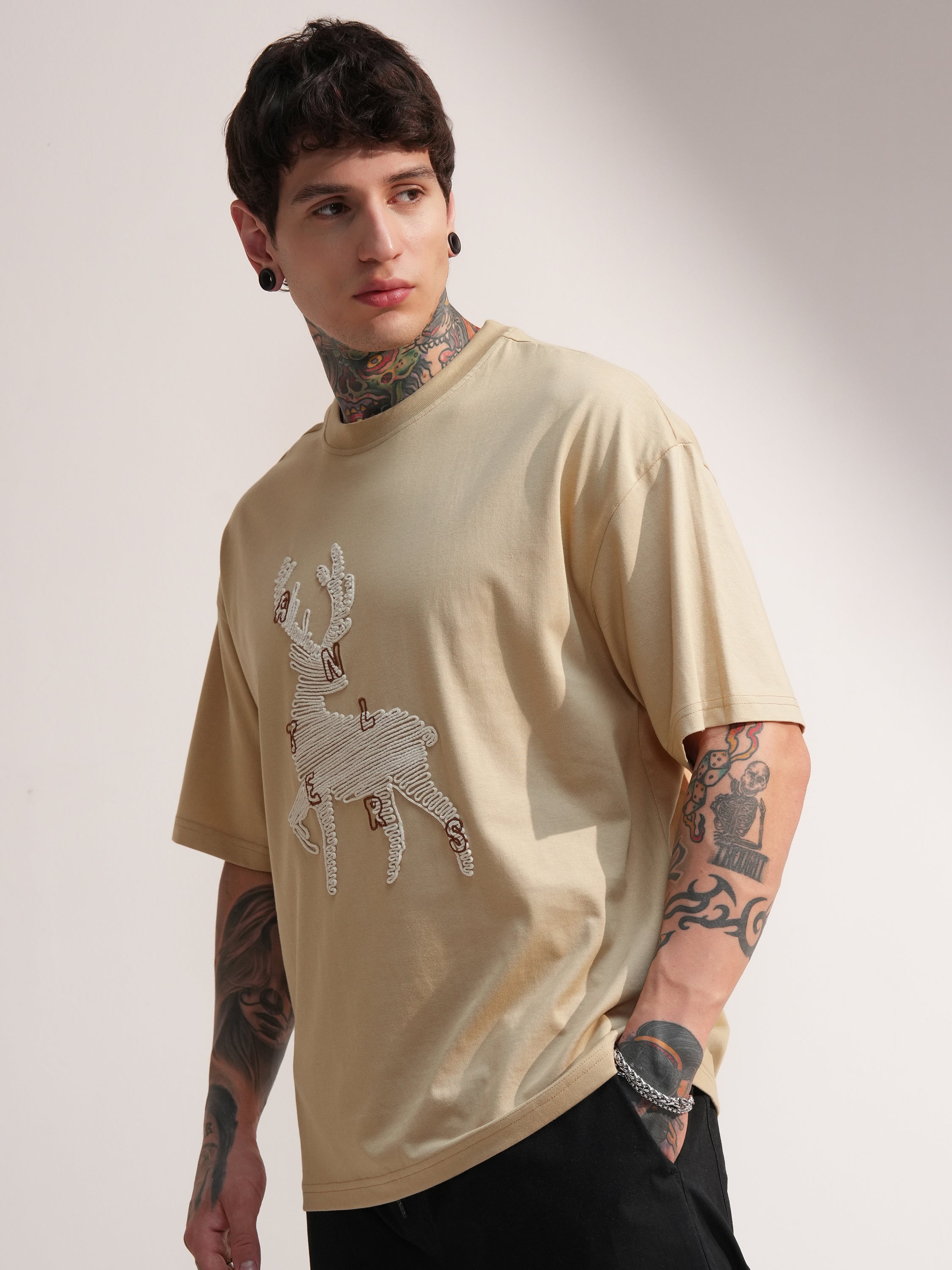 Highlander Men Beige Embroidered Round Neck Oversized Fit T-Shirt - Beige - Image 4