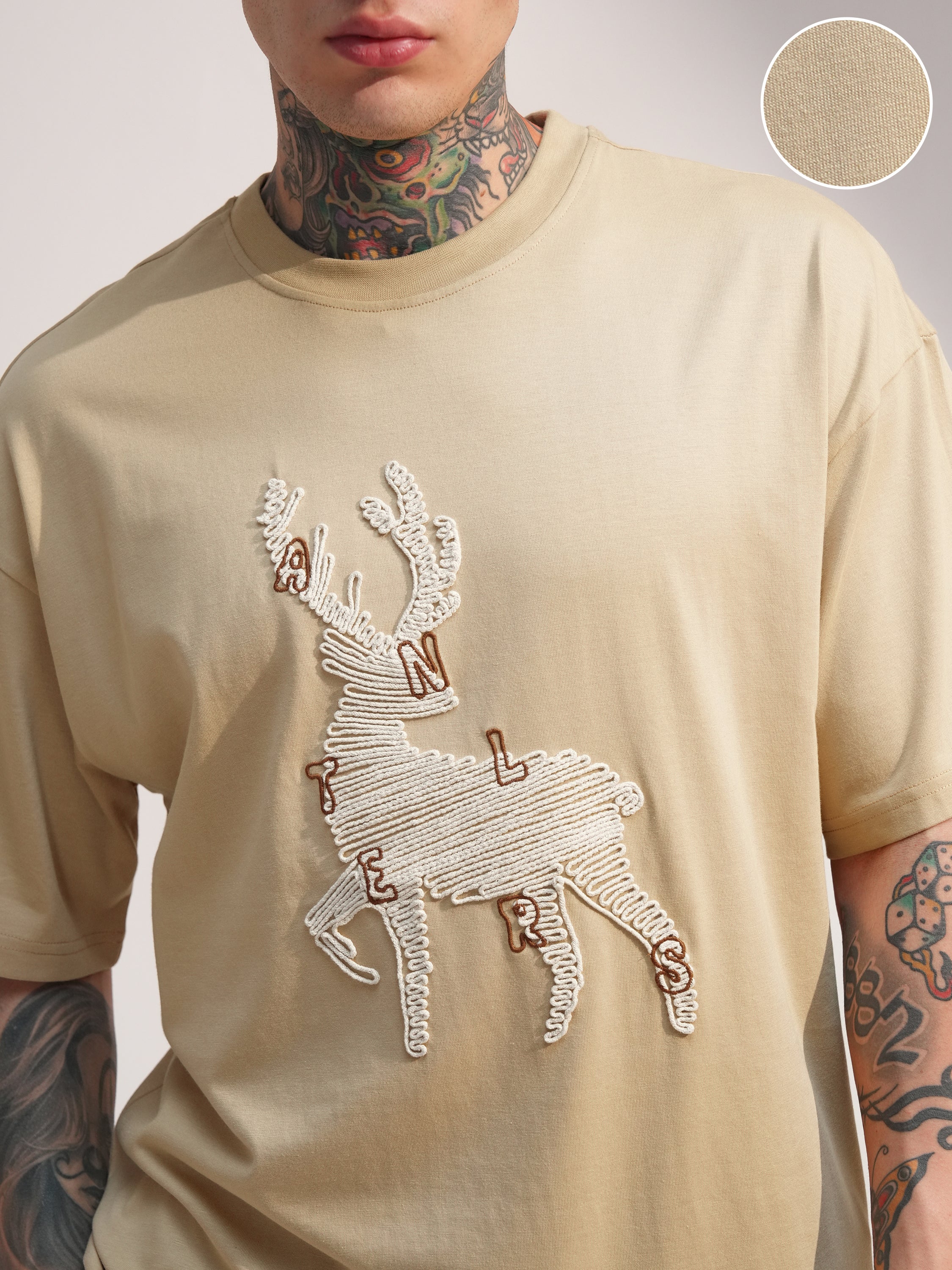 Highlander Men Beige Embroidered Round Neck Oversized Fit T-Shirt - Beige - Image 5