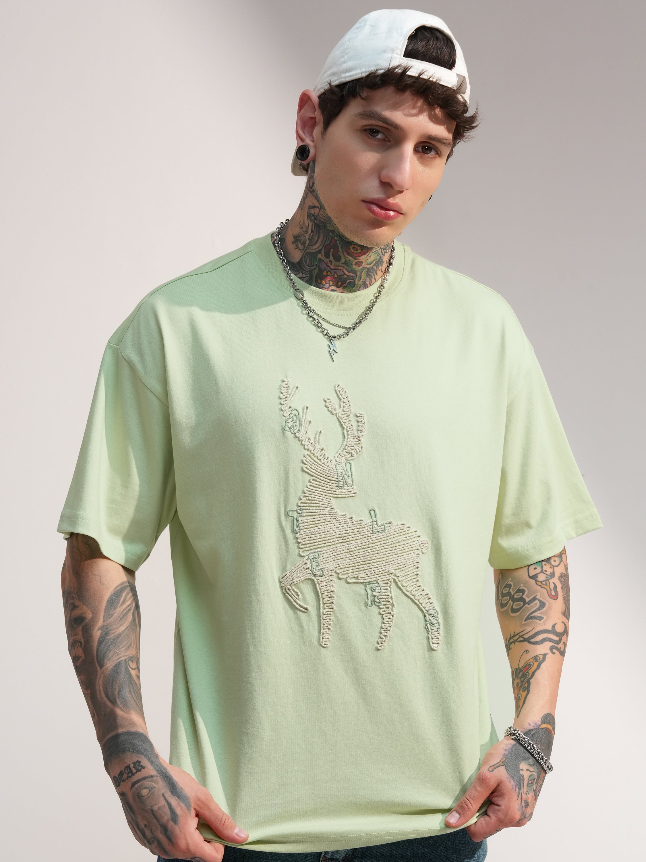 Highlander Men Green Embroidered Round Neck Oversized Fit T-Shirt - Green - Image 1