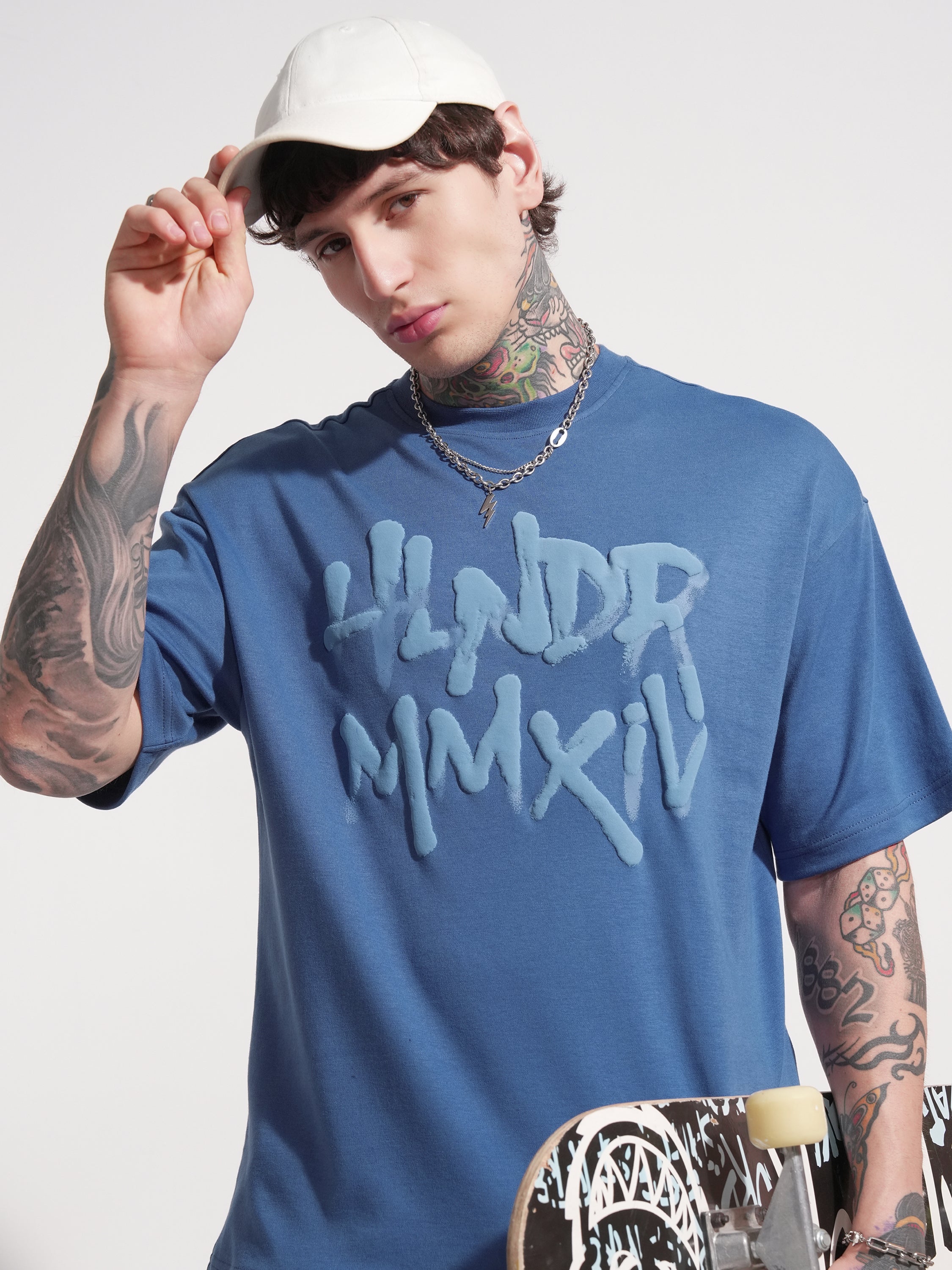 Highlander Men Blue Printed Round Neck Oversized Fit T-Shirt - Blue - Image 1