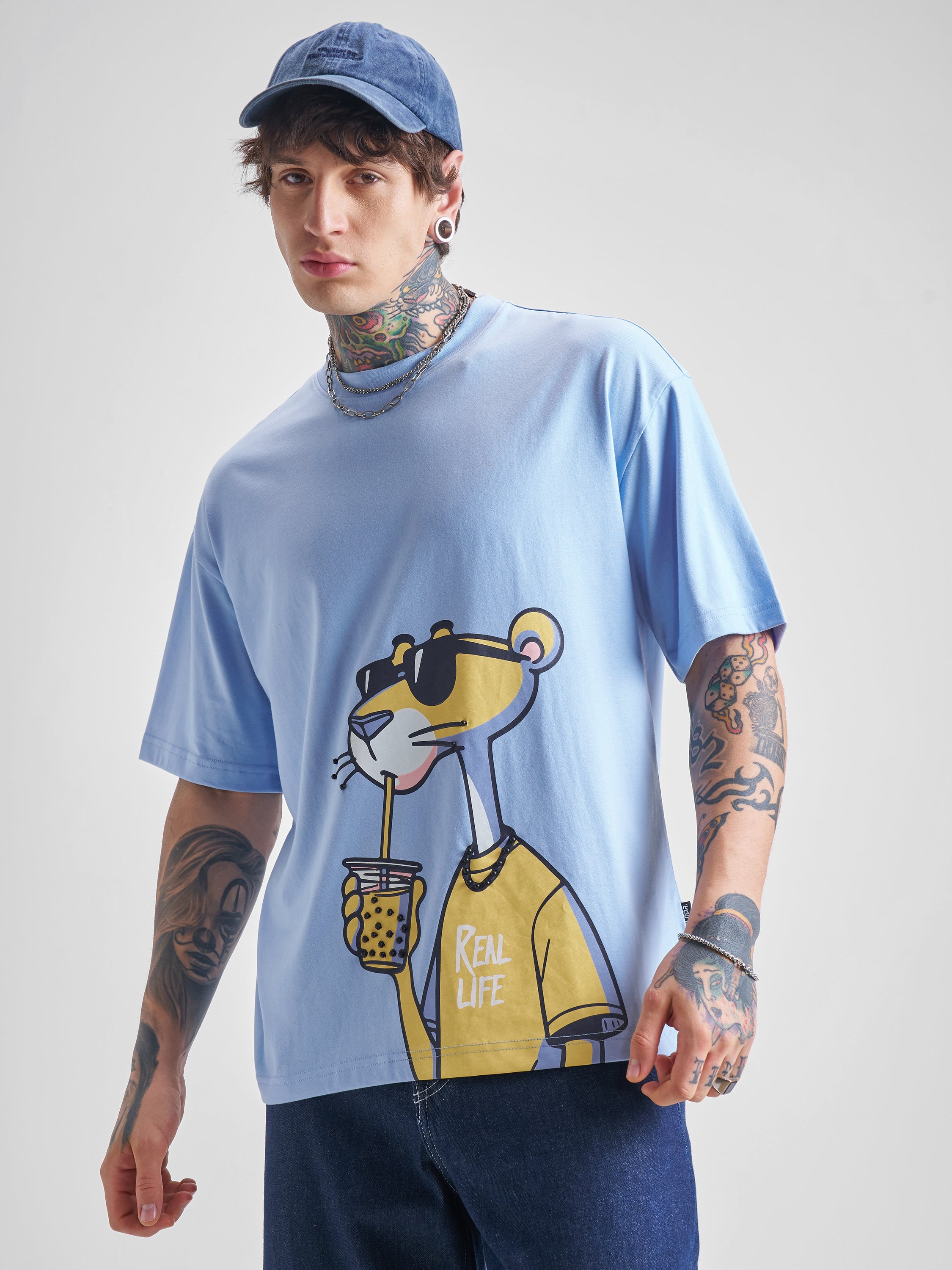 Highlander Men Blue Printed Round Neck Oversized Fit T-Shirt - Blue - Image 1