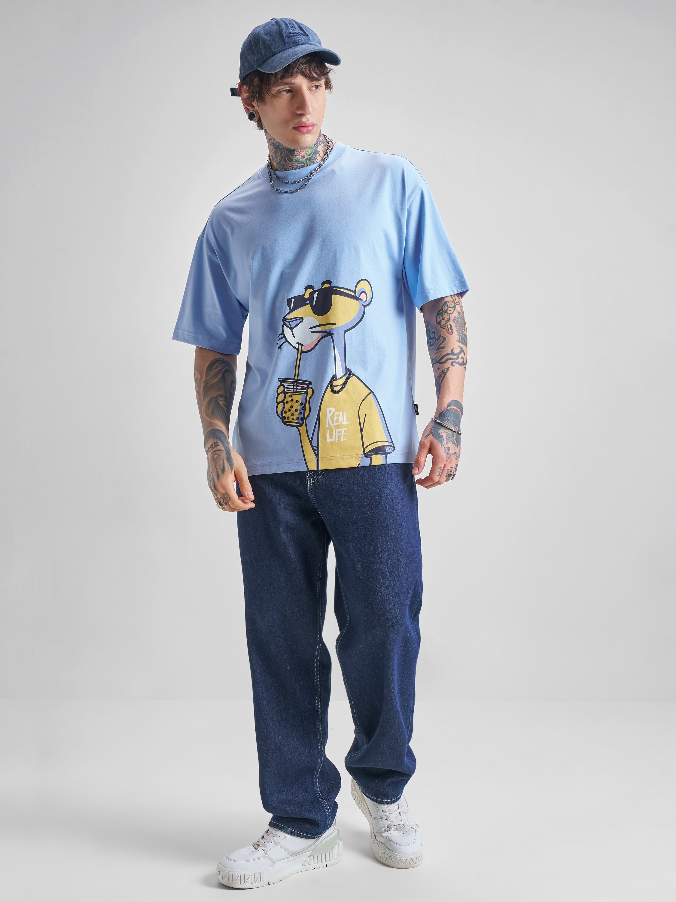 Highlander Men Blue Printed Round Neck Oversized Fit T-Shirt - Blue - Image 2