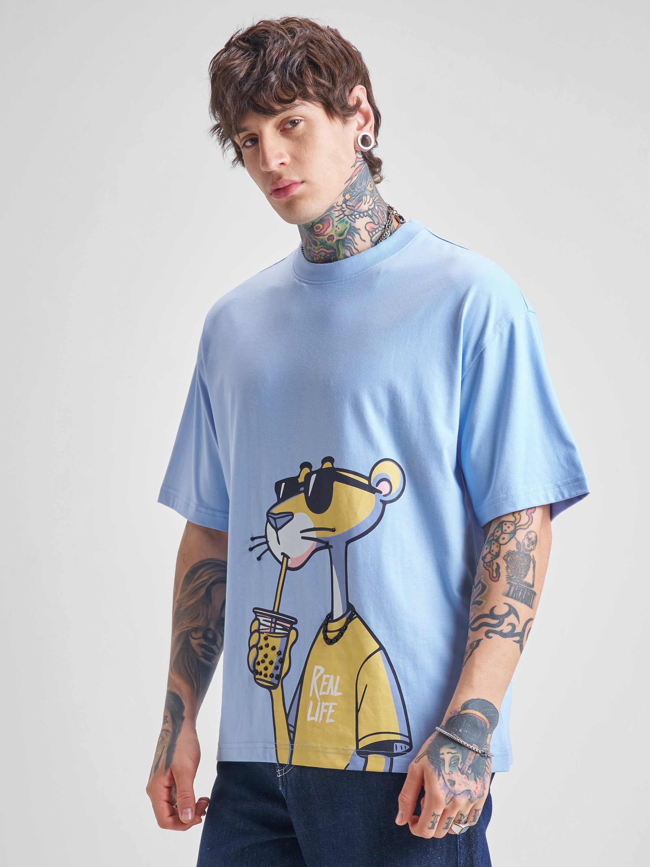 Highlander Men Blue Printed Round Neck Oversized Fit T-Shirt - Blue - Image 4