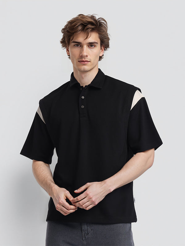 Highlander Men Black Solid Polo Collar T-Shirt - Black - Image 1