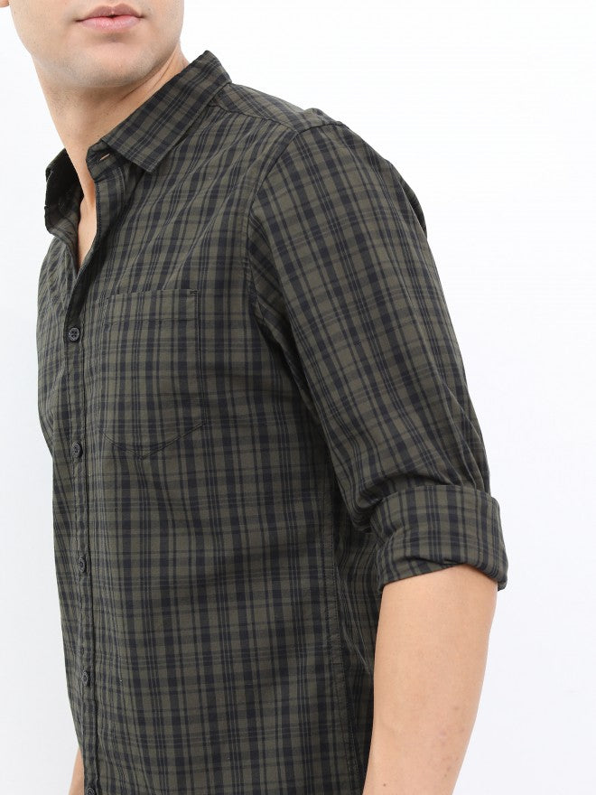 Highlander Men Olive/Black Slim Fit Casual Shirt - Olive - Image 5
