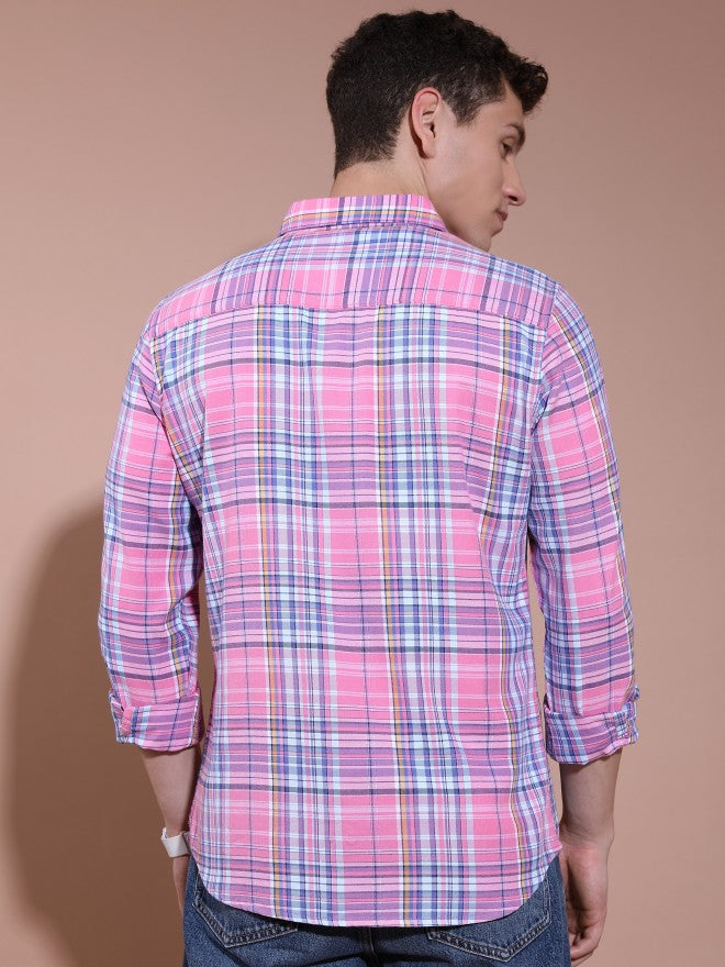 Highlander Men Pink Checked Slim Fit Casual Shirt - Pink - Image 3