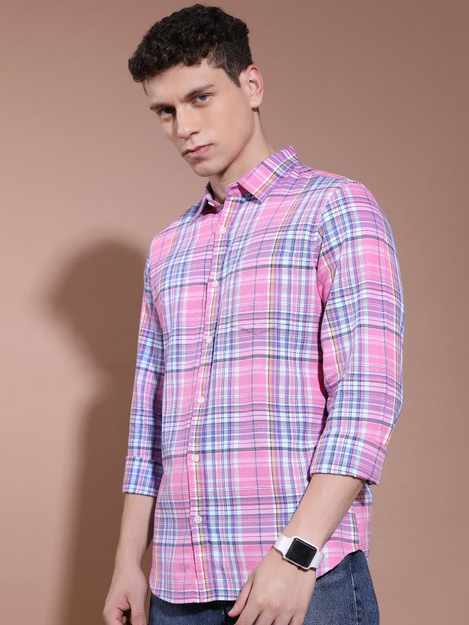 Highlander Men Pink Checked Slim Fit Casual Shirt - Pink - Image 4