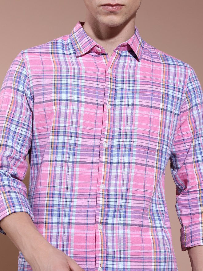 Highlander Men Pink Checked Slim Fit Casual Shirt - Pink - Image 5