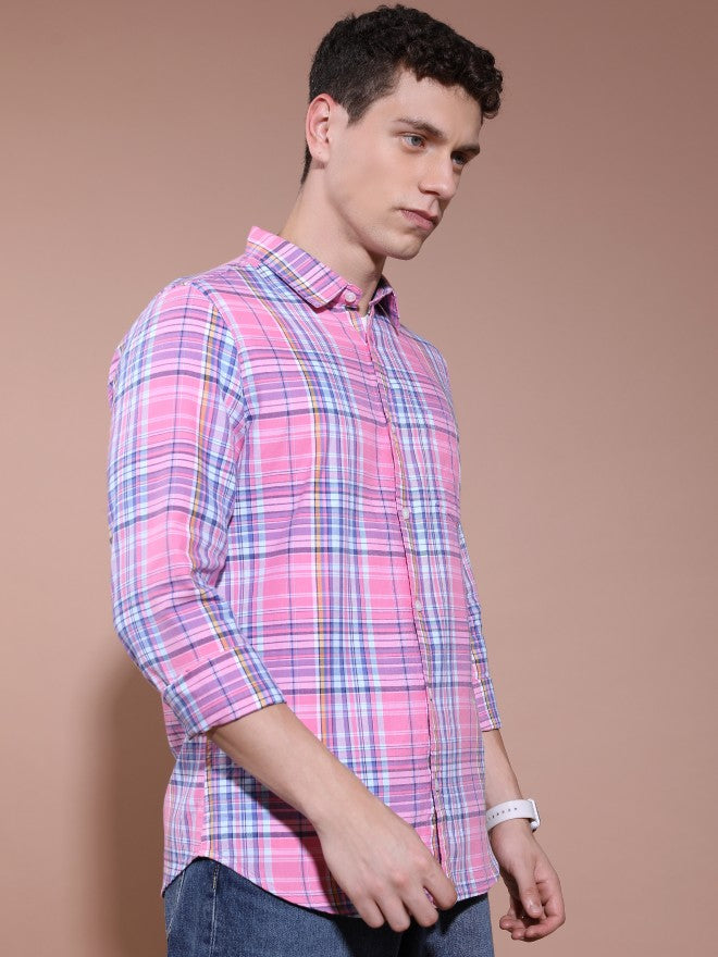 Highlander Men Pink Checked Slim Fit Casual Shirt - Pink - Image 6
