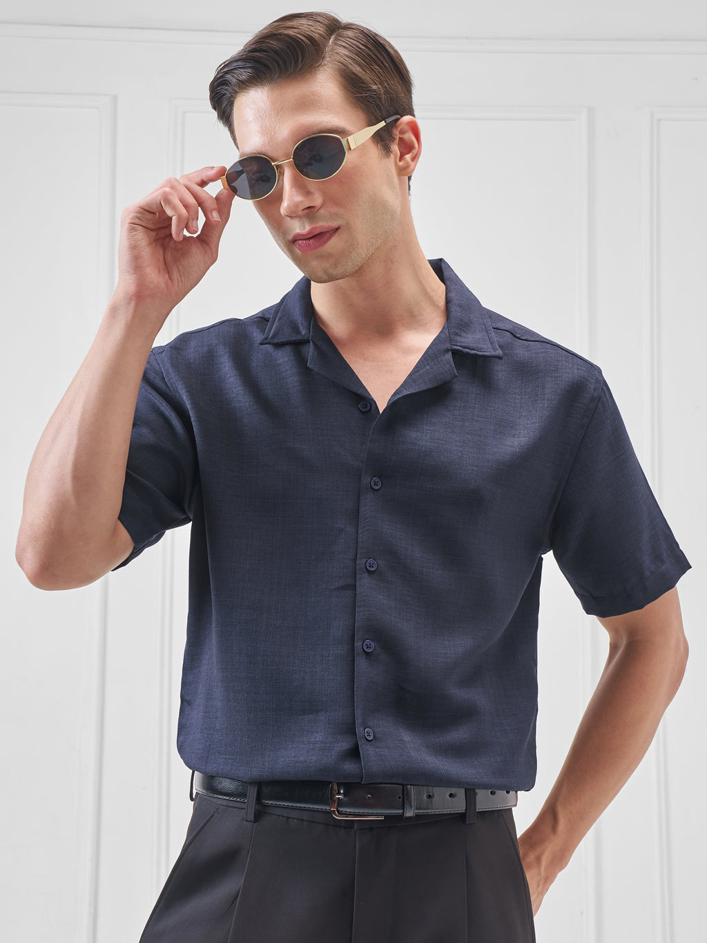 Highlander Men Navy Blue Solid Relaxed Fit Casual Shirt - Navy Blue - Image 1