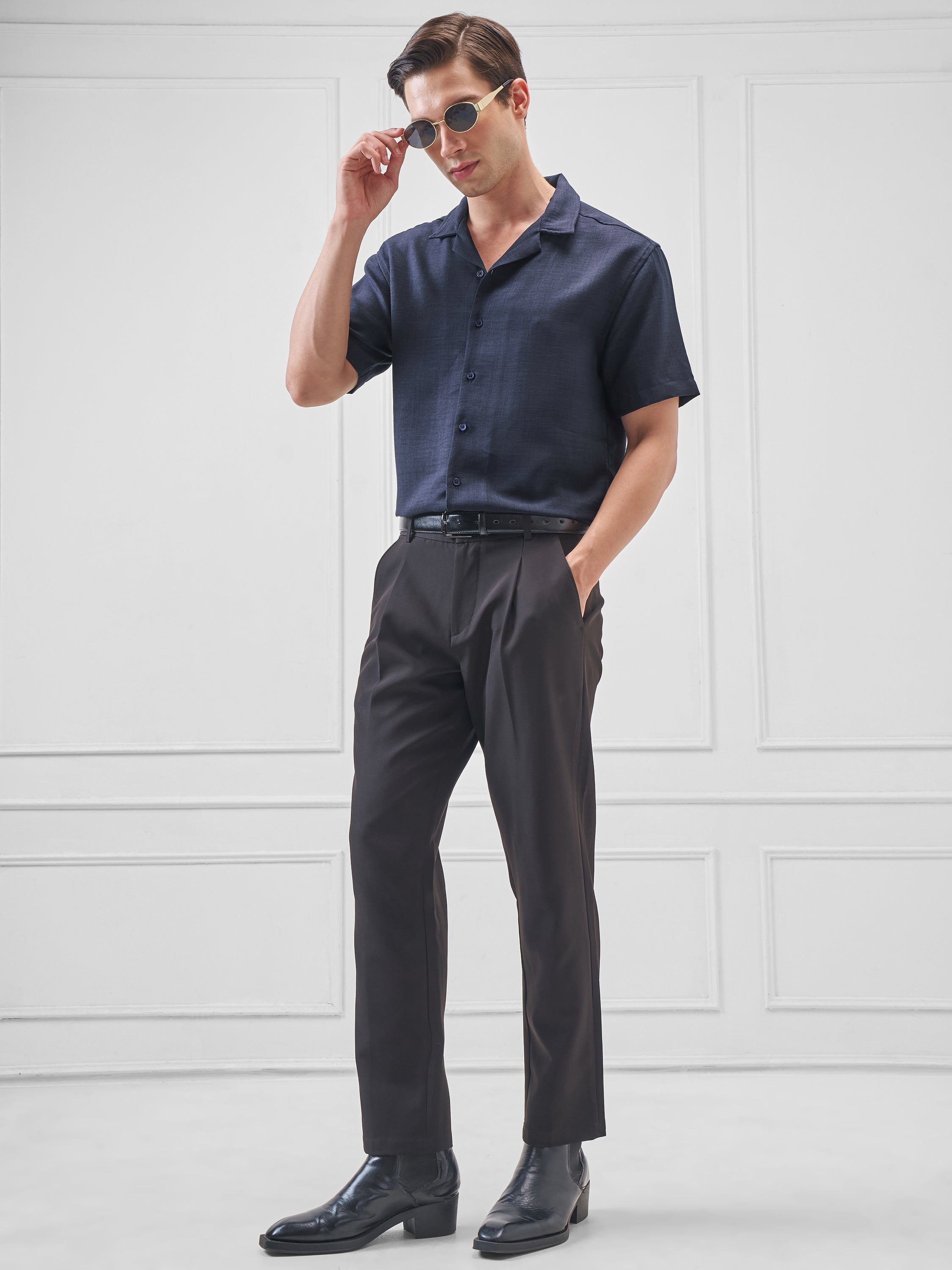 Highlander Men Navy Blue Solid Relaxed Fit Casual Shirt - Navy Blue - Image 2