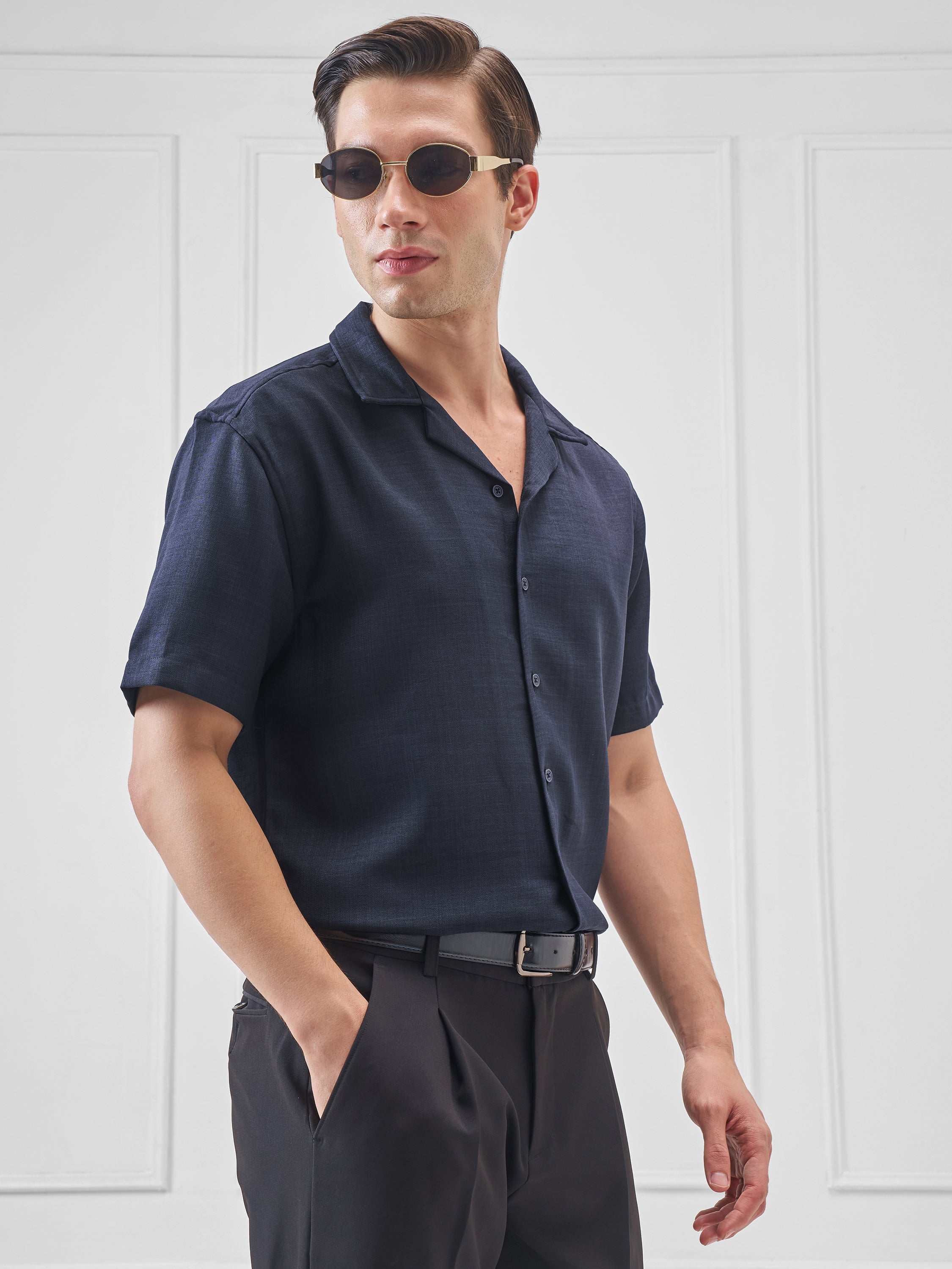 Highlander Men Navy Blue Solid Relaxed Fit Casual Shirt - Navy Blue - Image 6