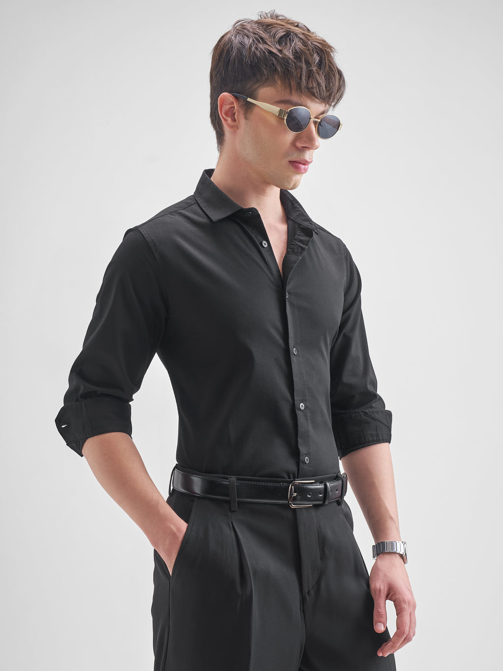 Highlander Men Black Solid Slim Fit Casual Shirt - Black - Image 6