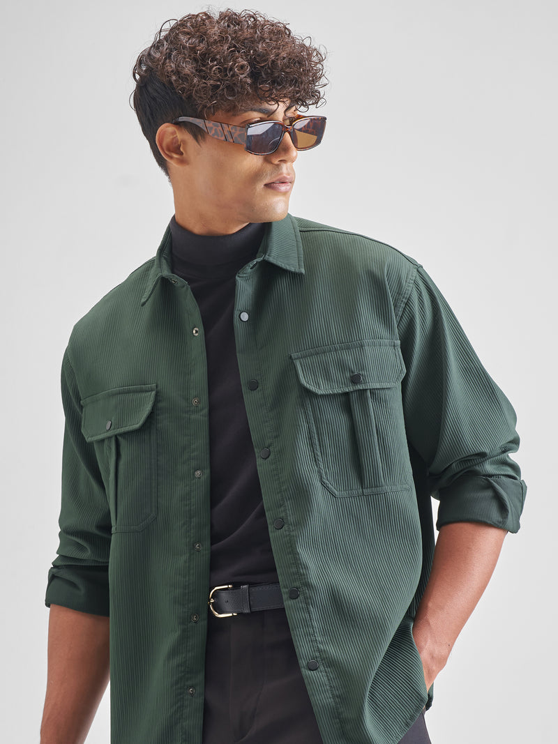 Highlander Men Green Self Design Oversized Fit Casual Shirt - Green - Image 1