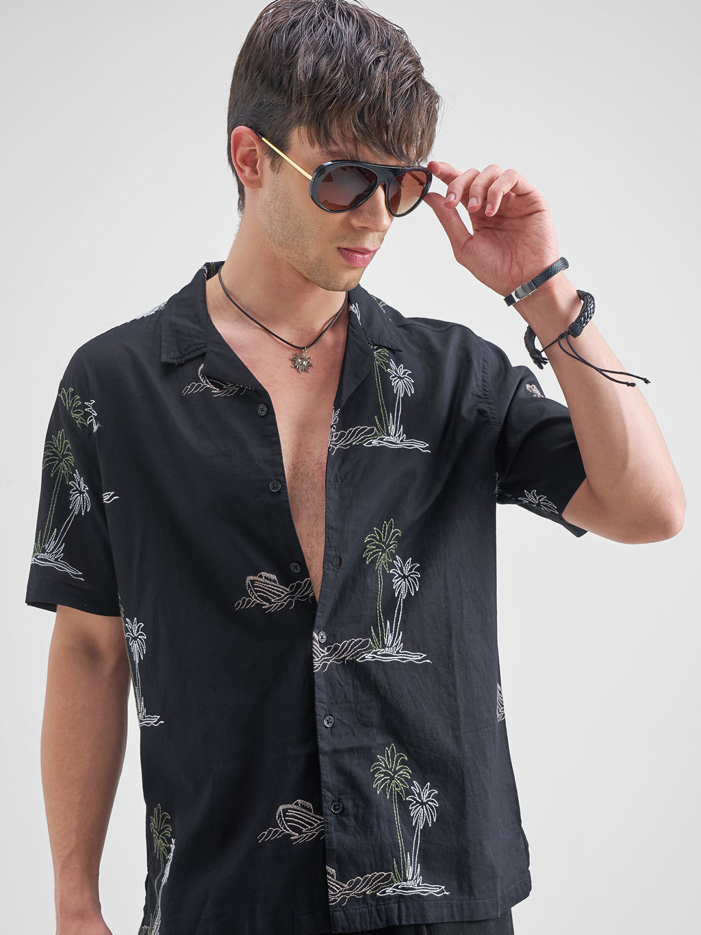 Highlander Men Black Self Design Relaxed Fit Casual Shirt - Black - Image 1