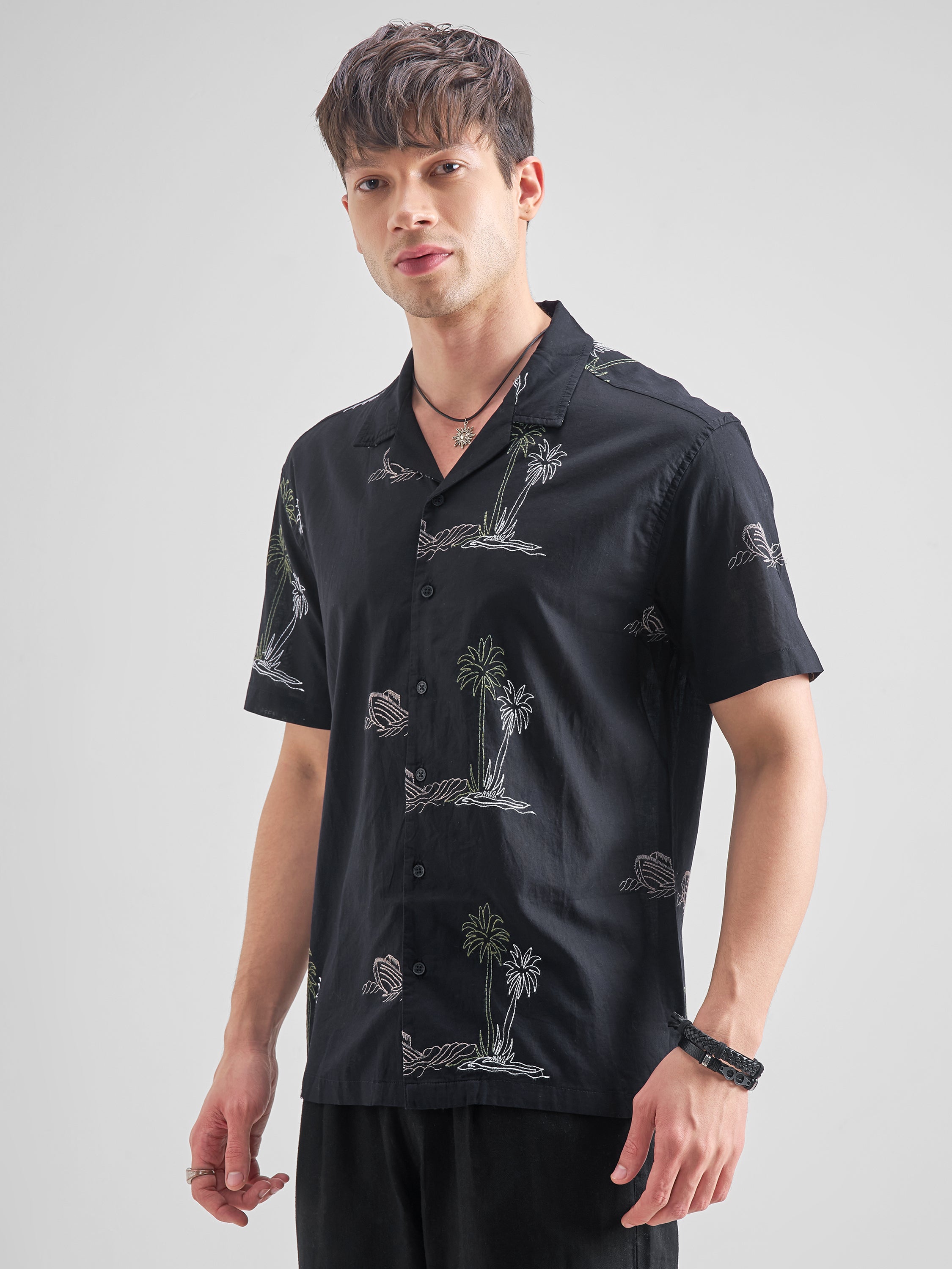 Highlander Men Black Self Design Relaxed Fit Casual Shirt - Black - Image 4