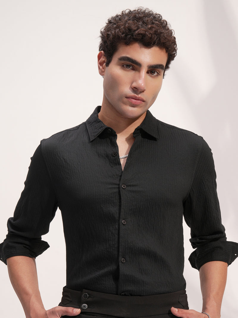 Highlander Men Black Self Design Slim Fit Casual Shirt - Black - Image 1