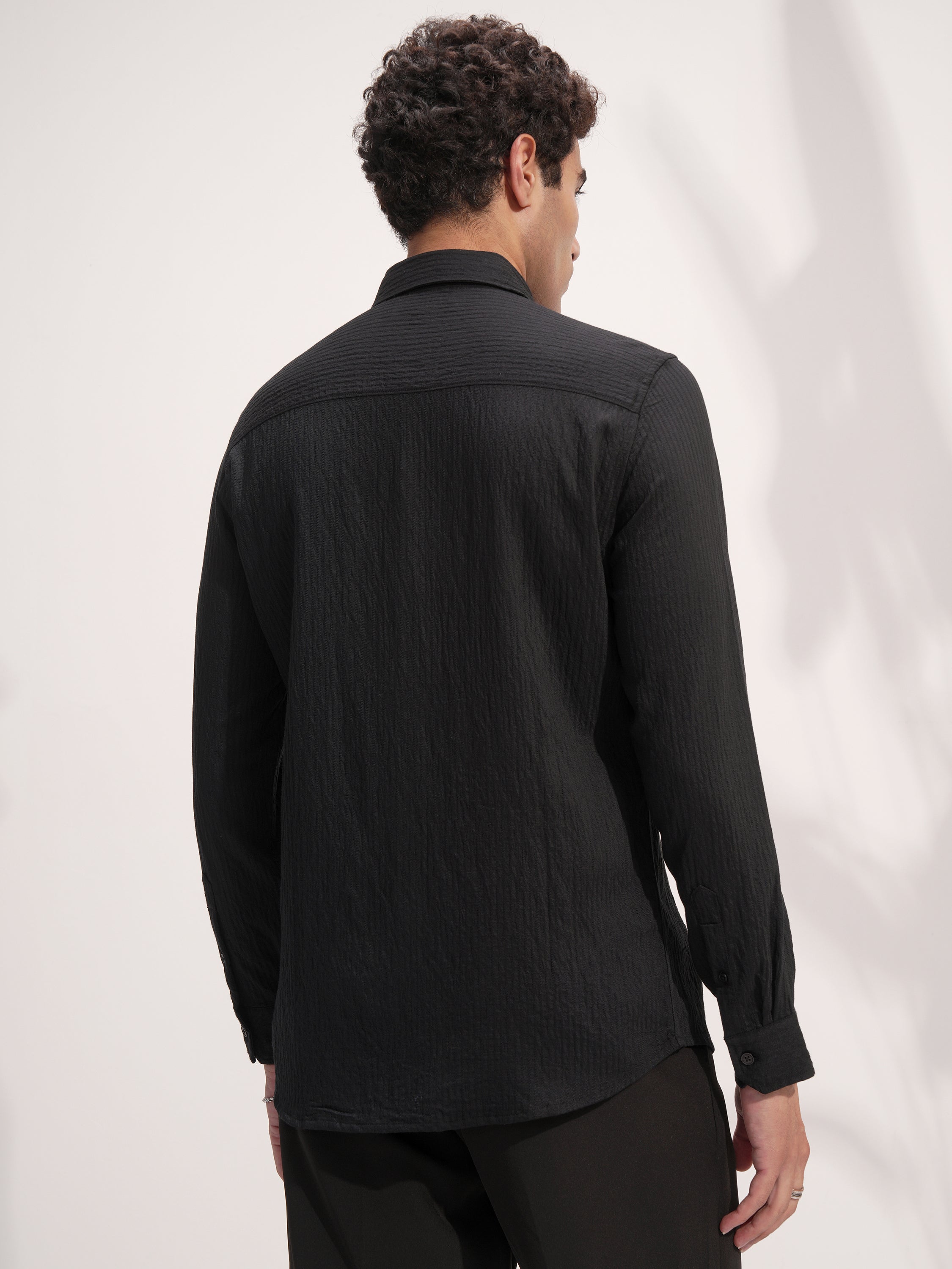 Highlander Men Black Self Design Slim Fit Casual Shirt - Black - Image 3