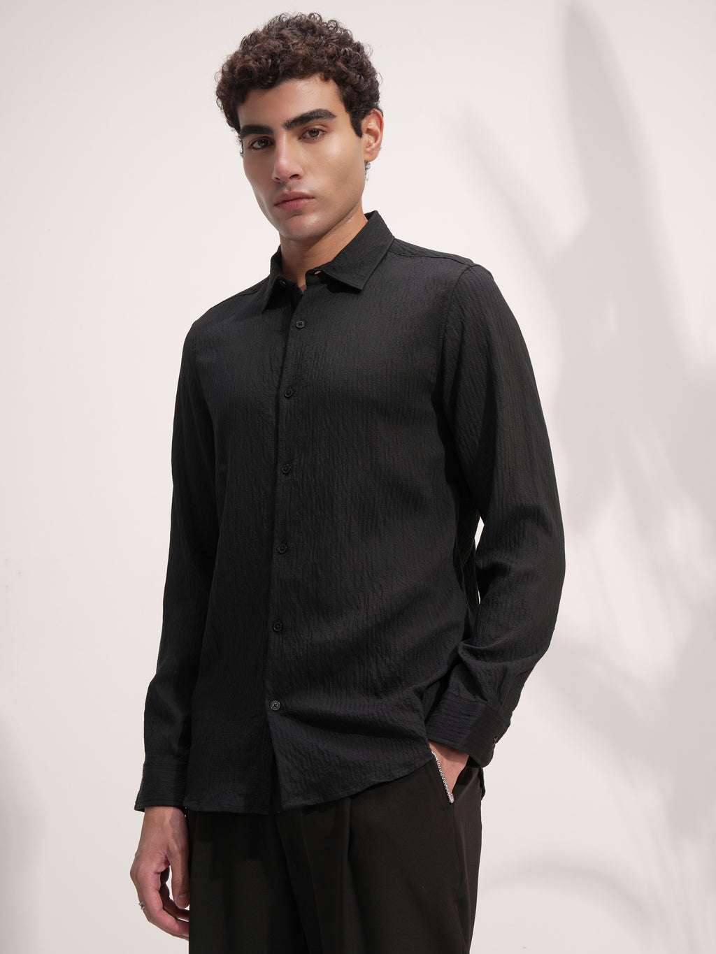 Highlander Men Black Self Design Slim Fit Casual Shirt - Black - Image 4