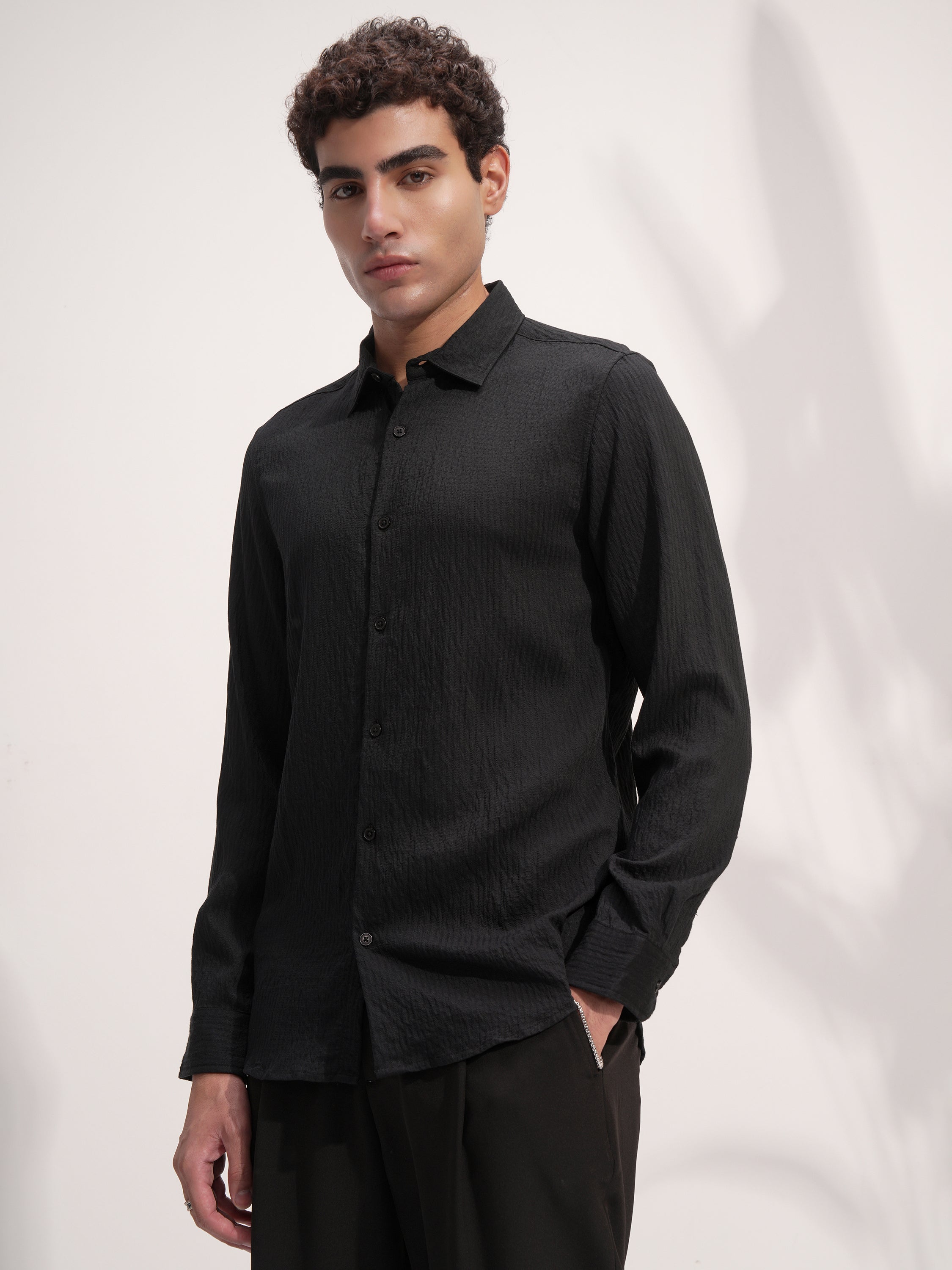 Highlander Men Black Self Design Slim Fit Casual Shirt - Black - Image 4