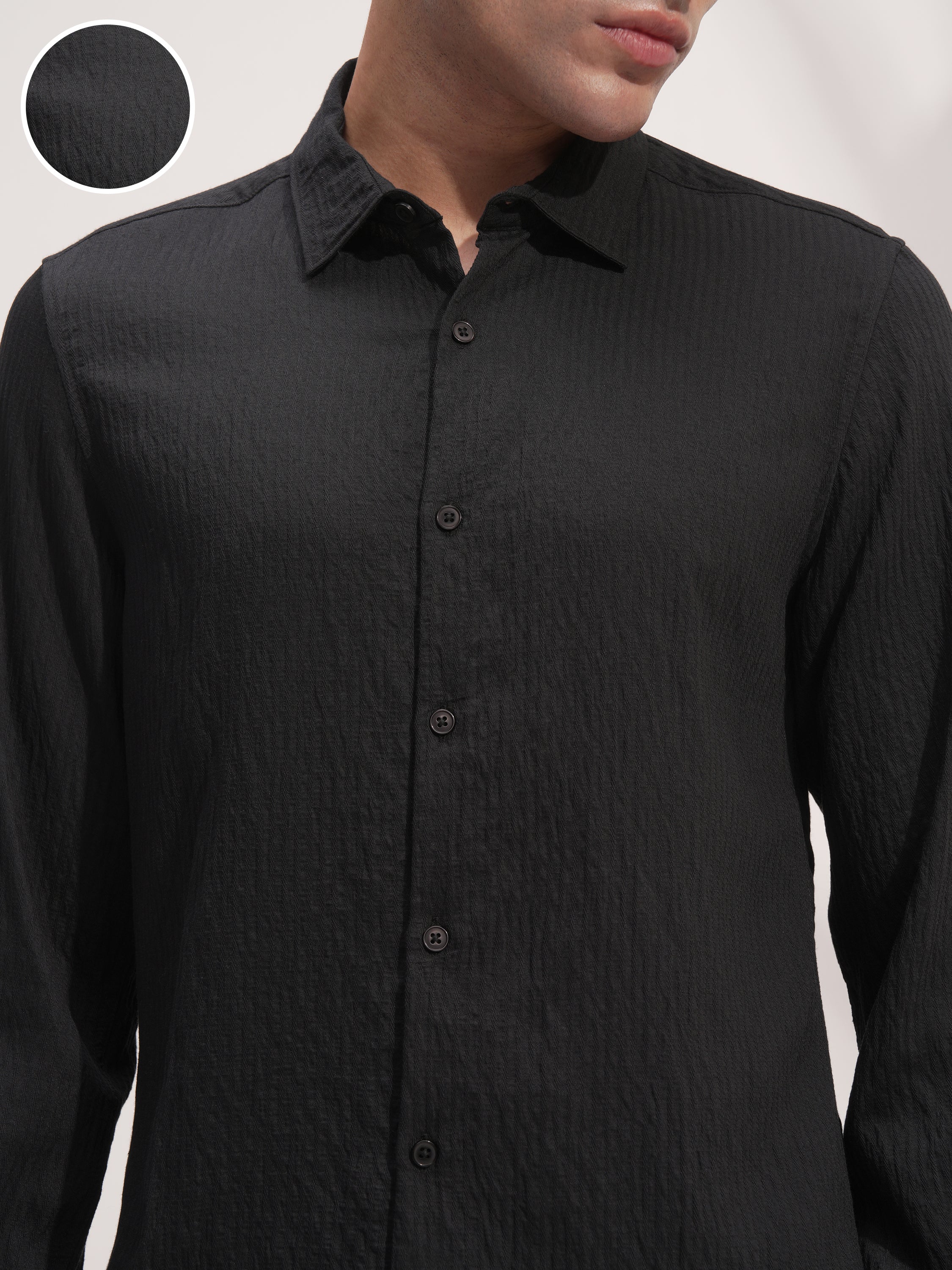 Highlander Men Black Self Design Slim Fit Casual Shirt - Black - Image 5