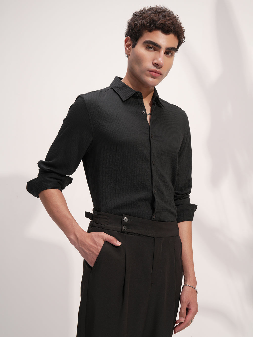 Highlander Men Black Self Design Slim Fit Casual Shirt - Black - Image 6