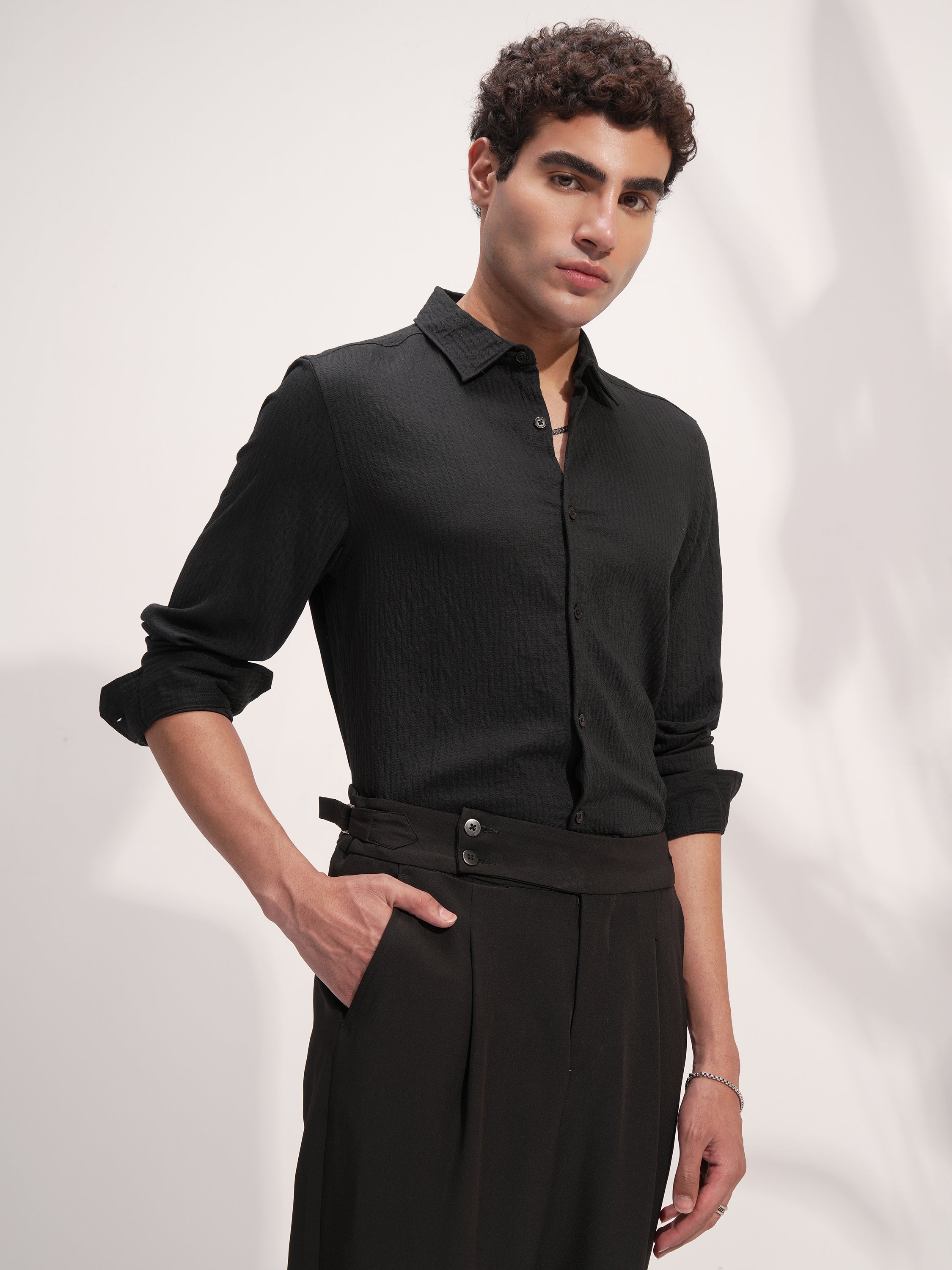 Highlander Men Black Self Design Slim Fit Casual Shirt - Black - Image 6