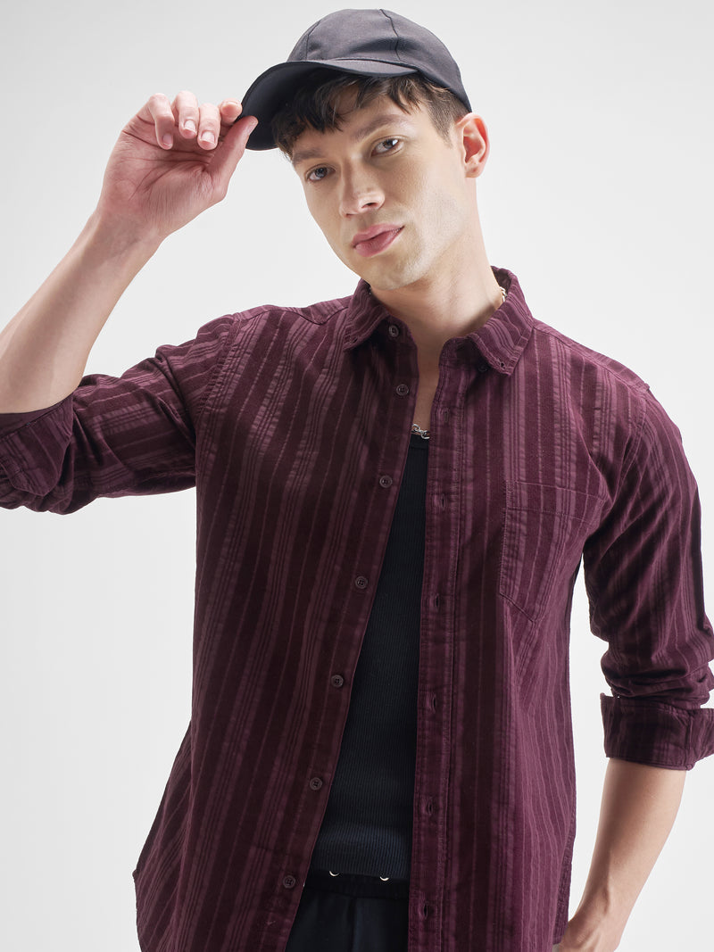 Highlander Men Burgundy Striped Slim Fit Casual Shirt - Burgundy - Image 1