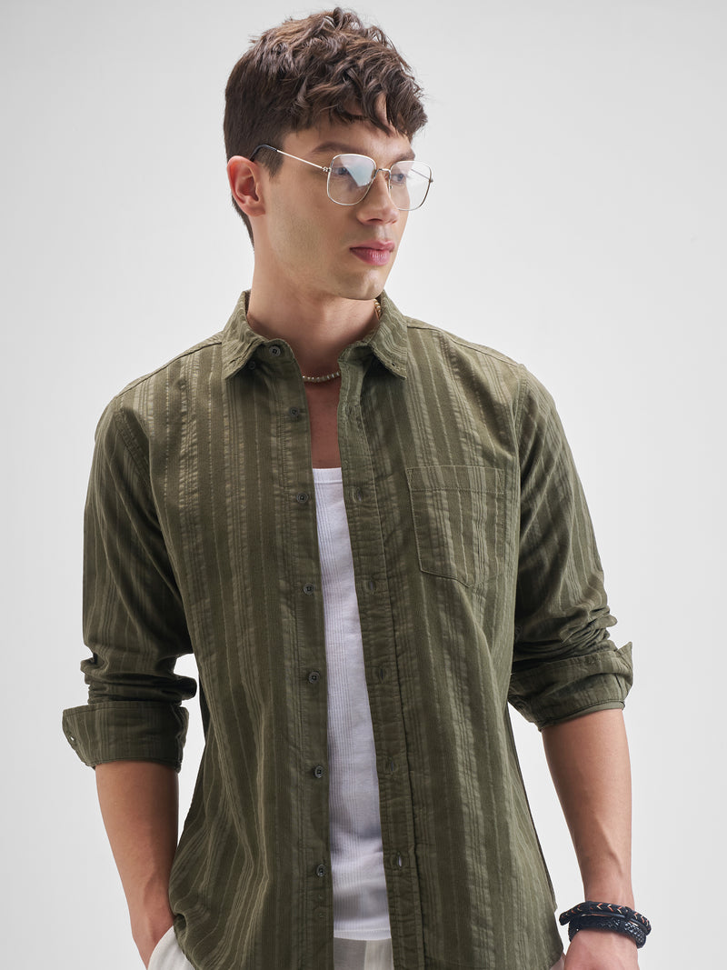 Highlander Men Olive Striped Slim Fit Casual Shirt - Olive - Image 1