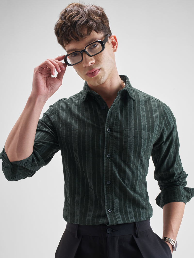Highlander Men Green Striped Slim Fit Casual Shirt - Green - Image 1