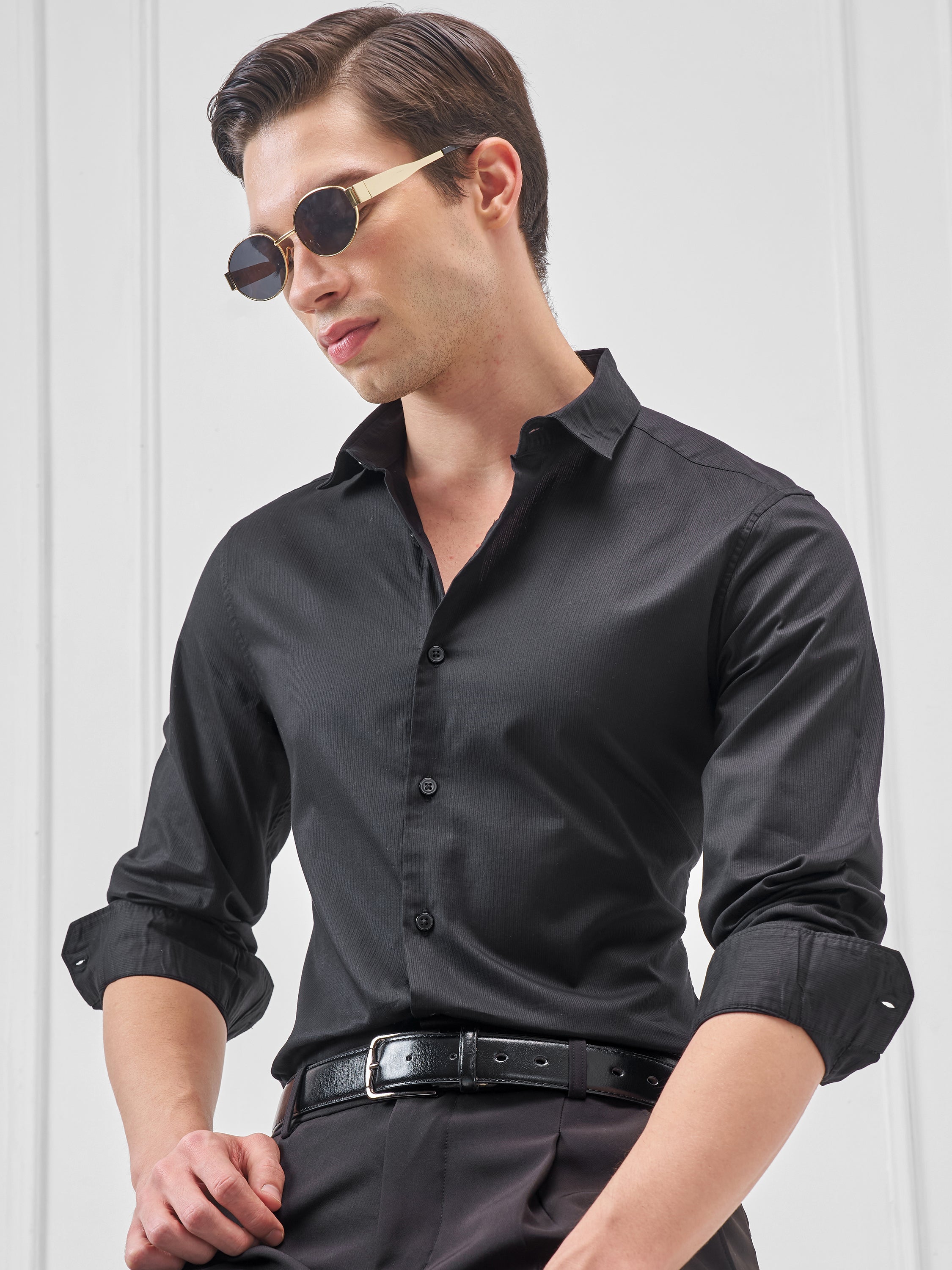 Highlander Men Black Solid Slim Fit Casual Shirt - Black - Image 1