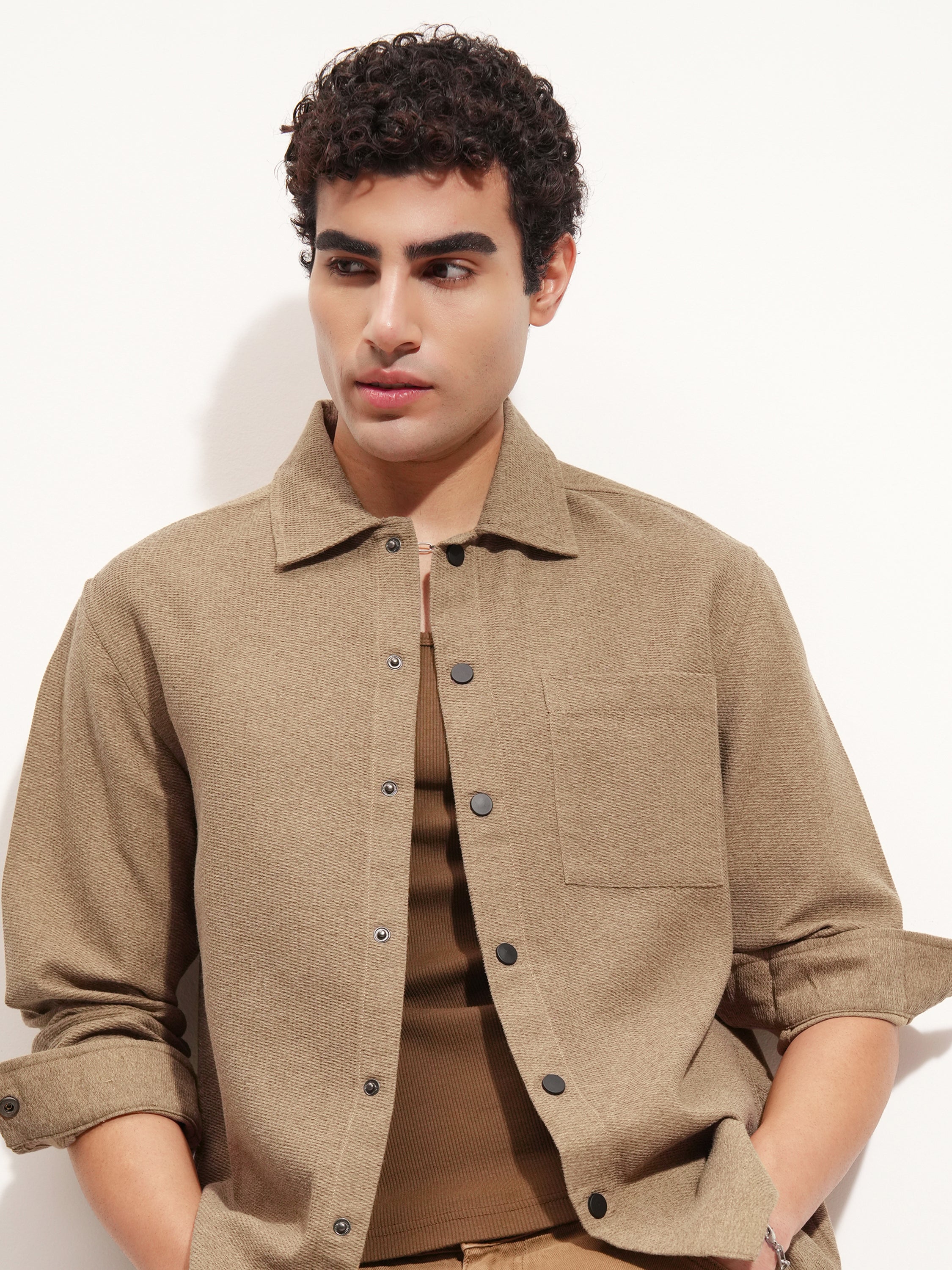 Highlander Men Khaki Self Design Relaxed Fit Casual Shirt - Khaki - Image 1