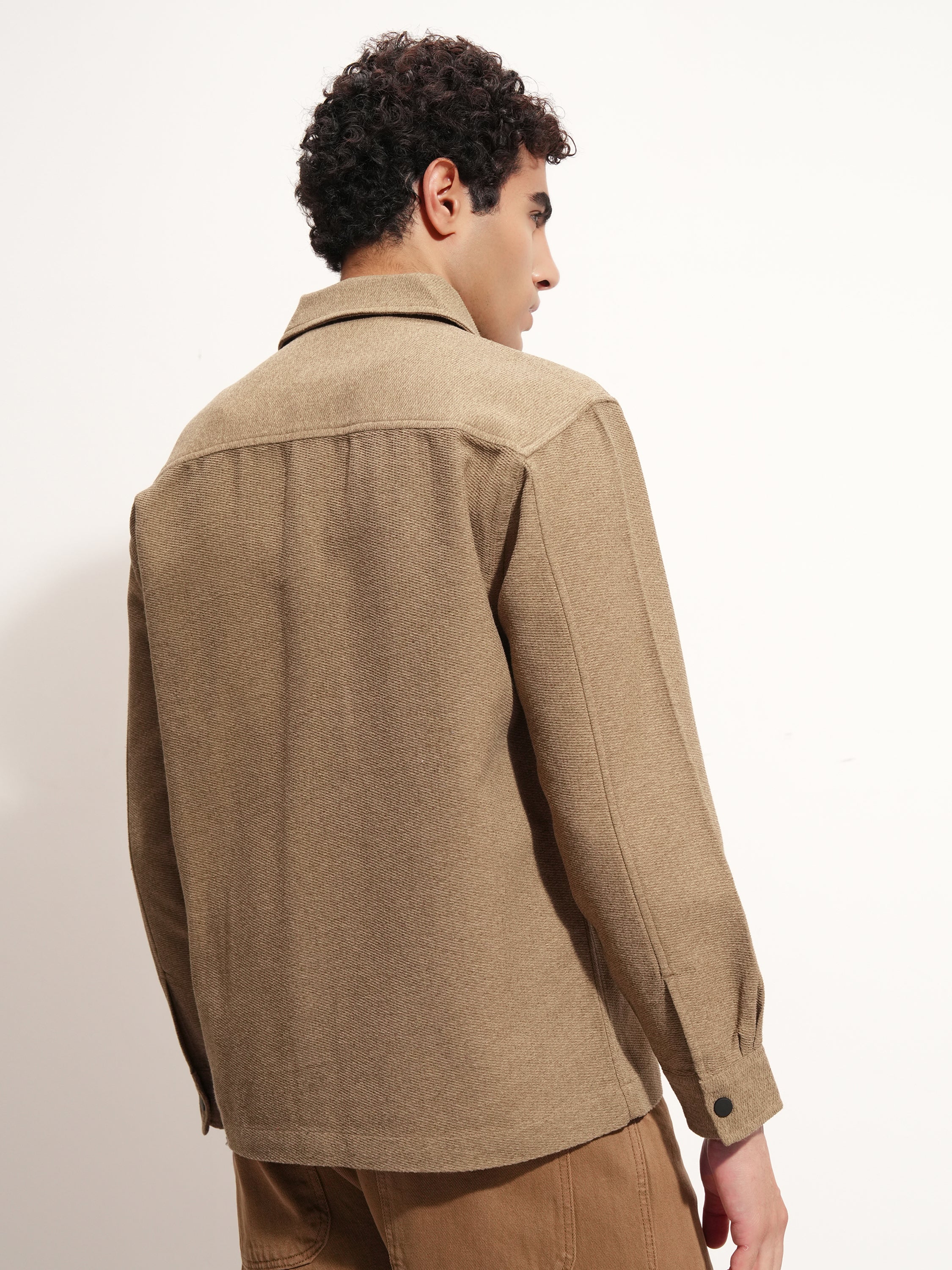 Highlander Men Khaki Self Design Relaxed Fit Casual Shirt - Khaki - Image 3