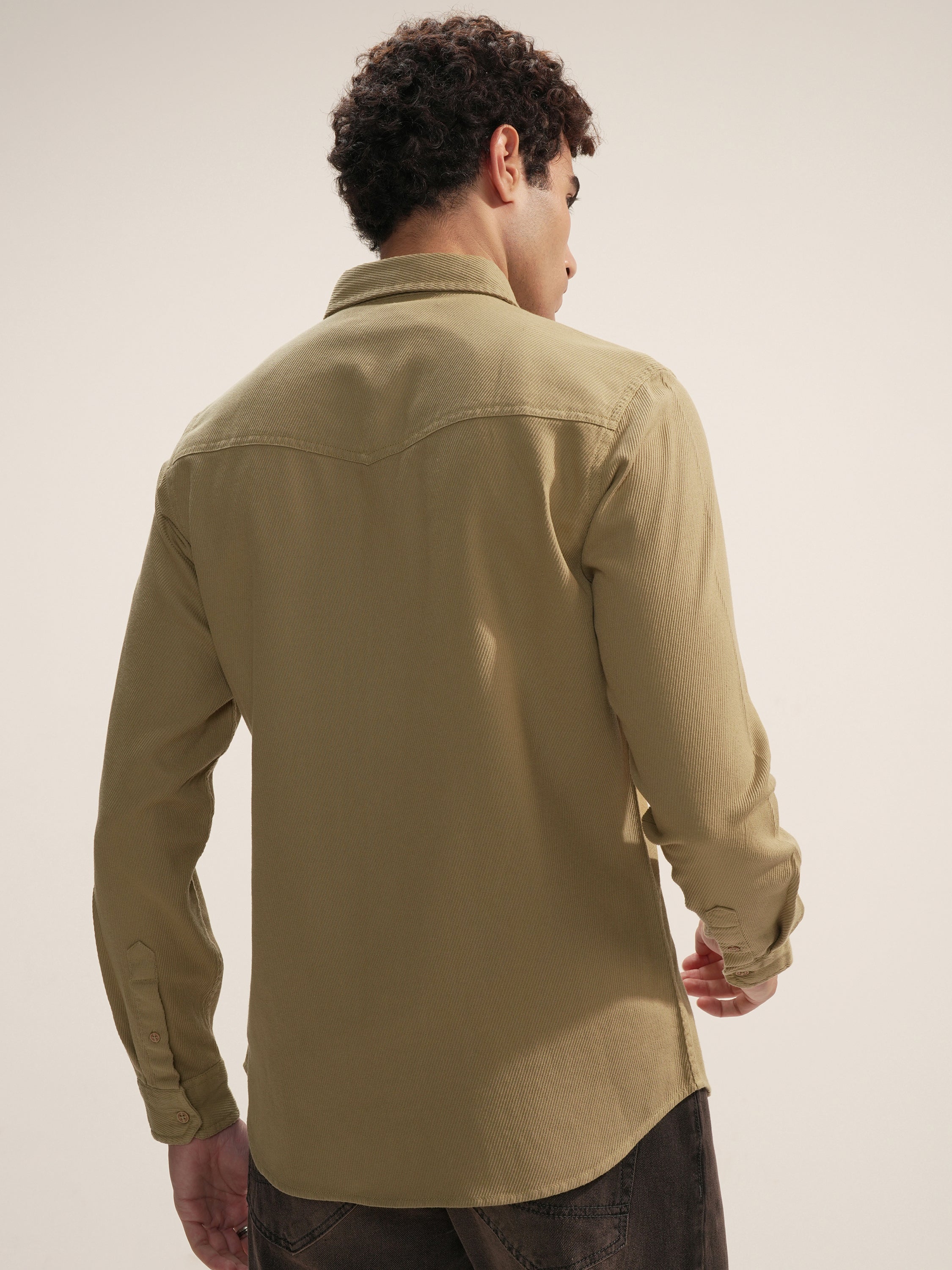 Highlander Men Khaki Self Design Slim Fit Casual Shirt - Khaki - Image 3