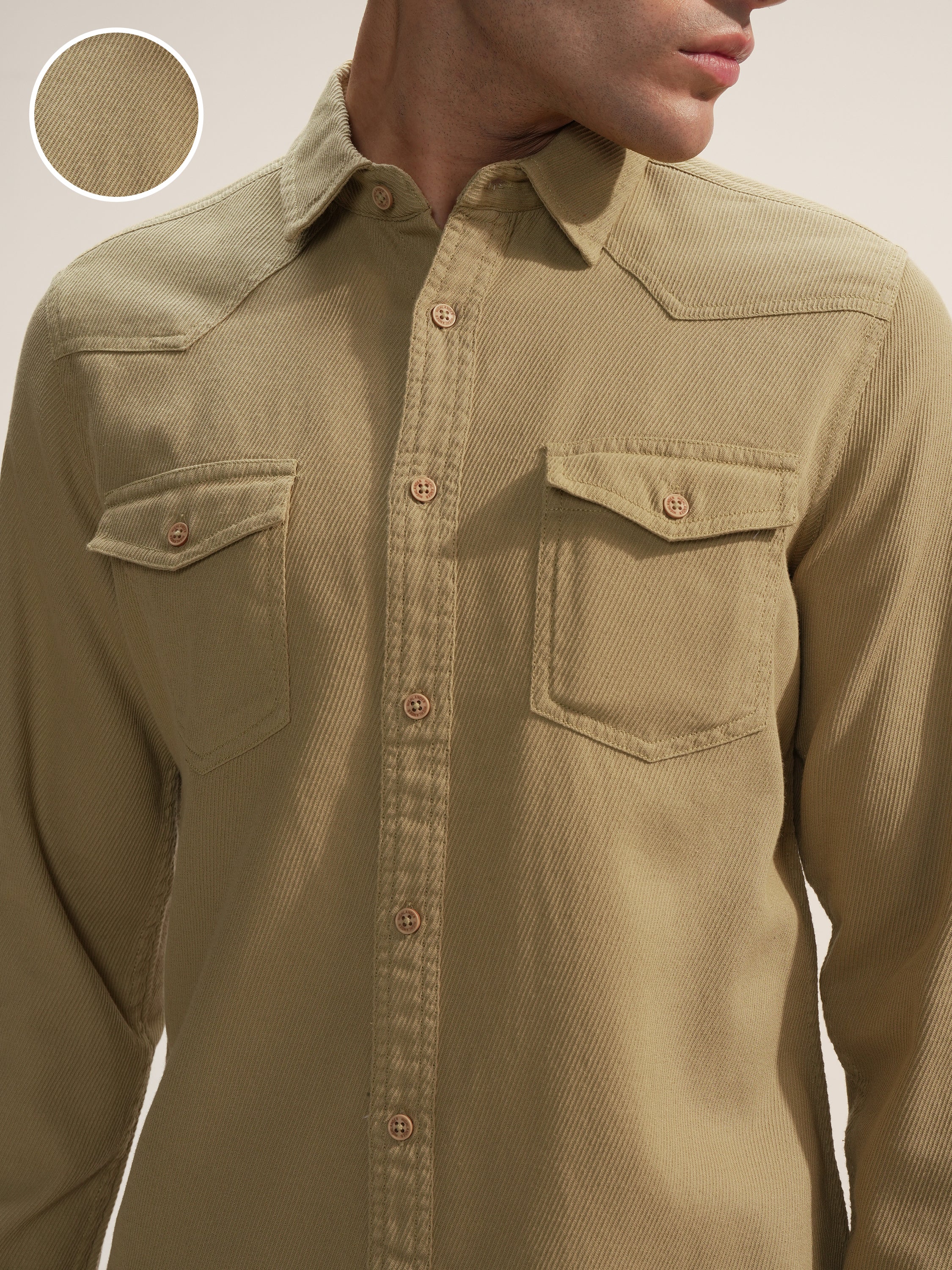 Highlander Men Khaki Self Design Slim Fit Casual Shirt - Khaki - Image 5