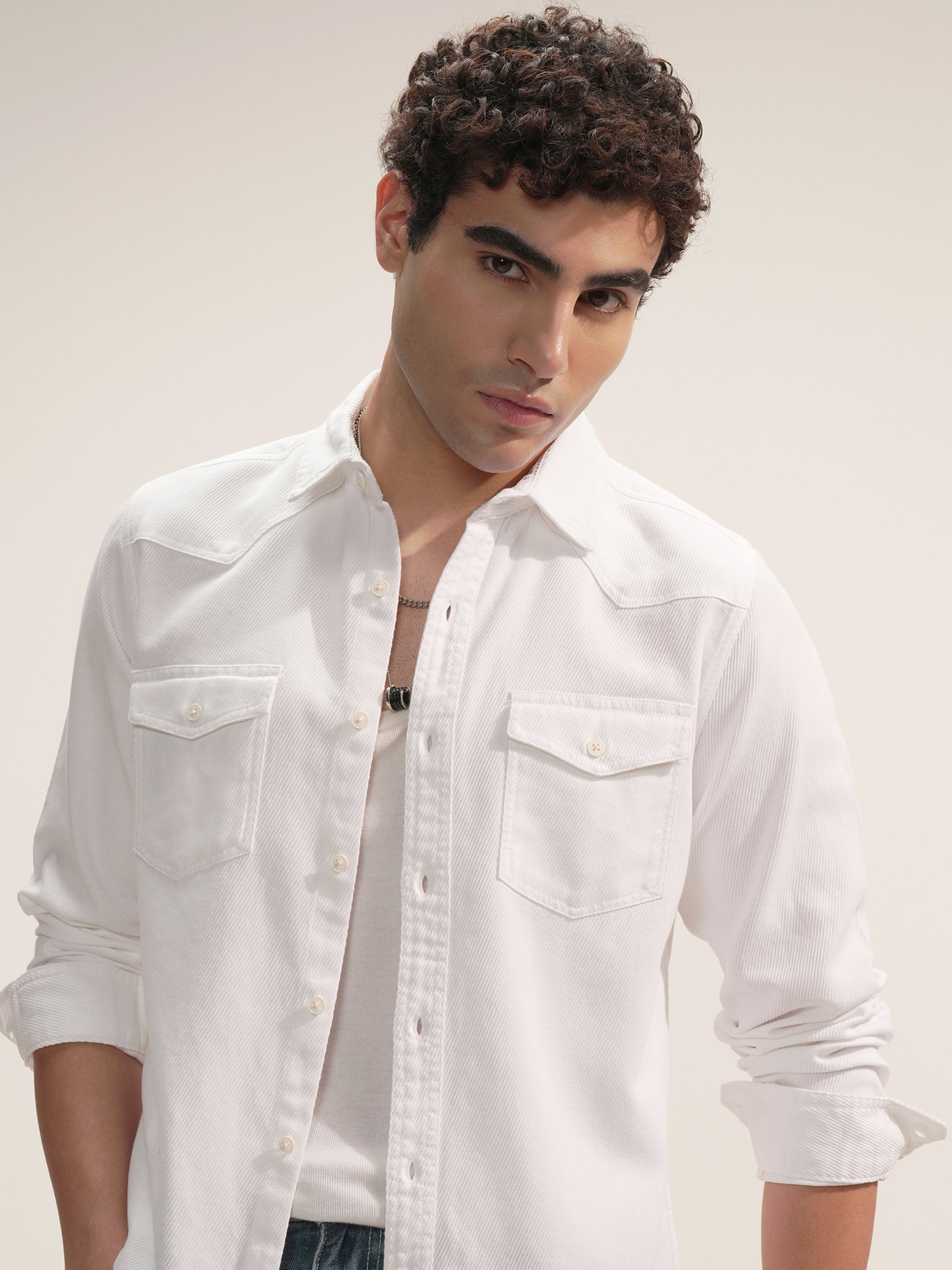Highlander Men White Self Design Slim Fit Casual Shirt - White - Image 1